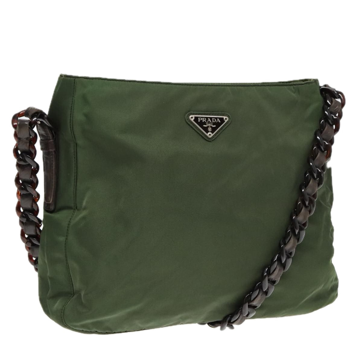 Luxury Prada Chain Shoulder Bag Nylon Plastic Leather Khaki Brown Silver  92717