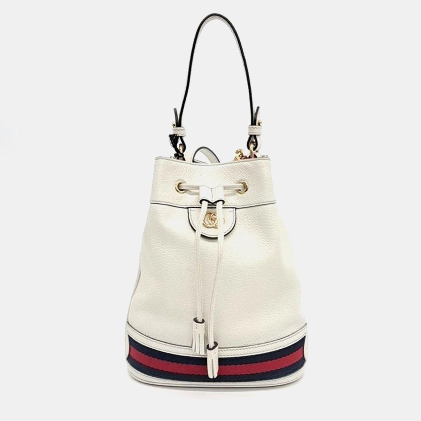 Luxury Gucci Trending 2025 Ivory/Navy Blue/Red Leather Ophidia Small Bucket Bag