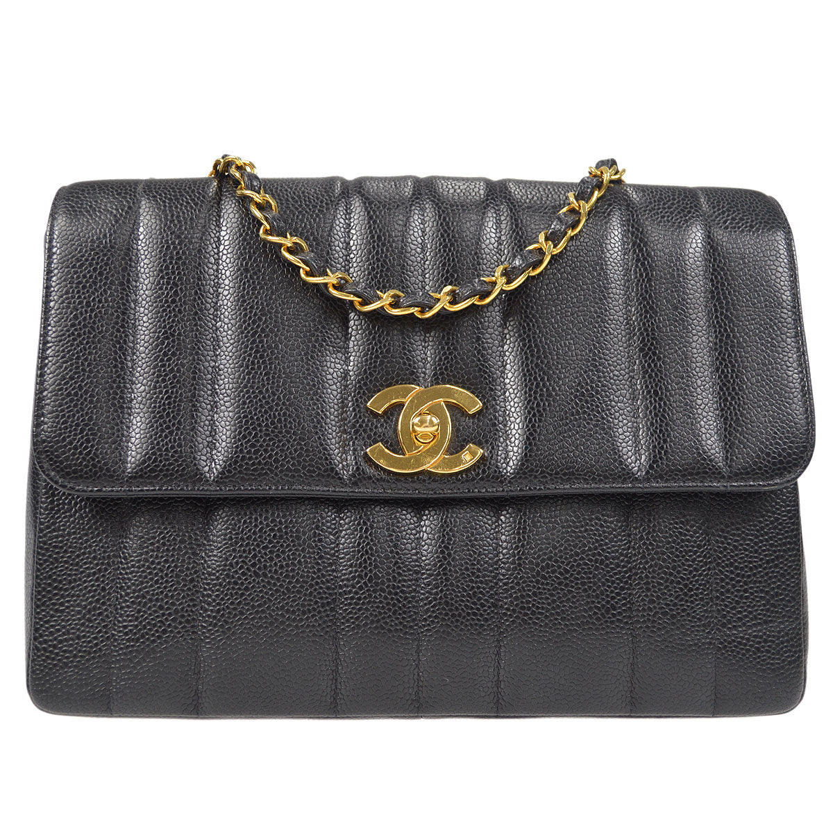 Luxury Chanel 1994-1996 Black Caviar Medium Vertical Stitch Straight Flap Bag