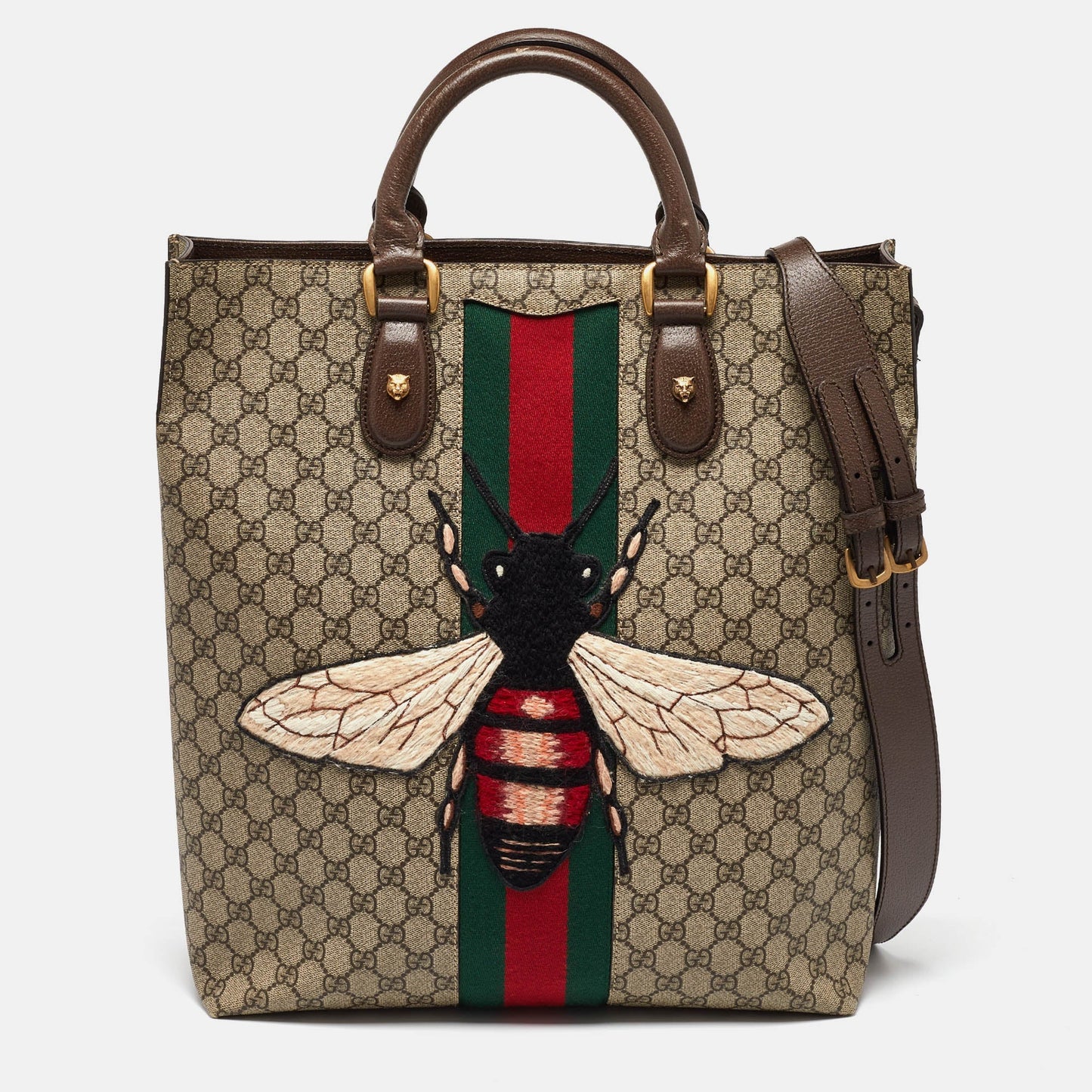 Luxury Gucci Trending 2025 Beige GG Supreme Canvas and Leather Animalier Vertical Tote