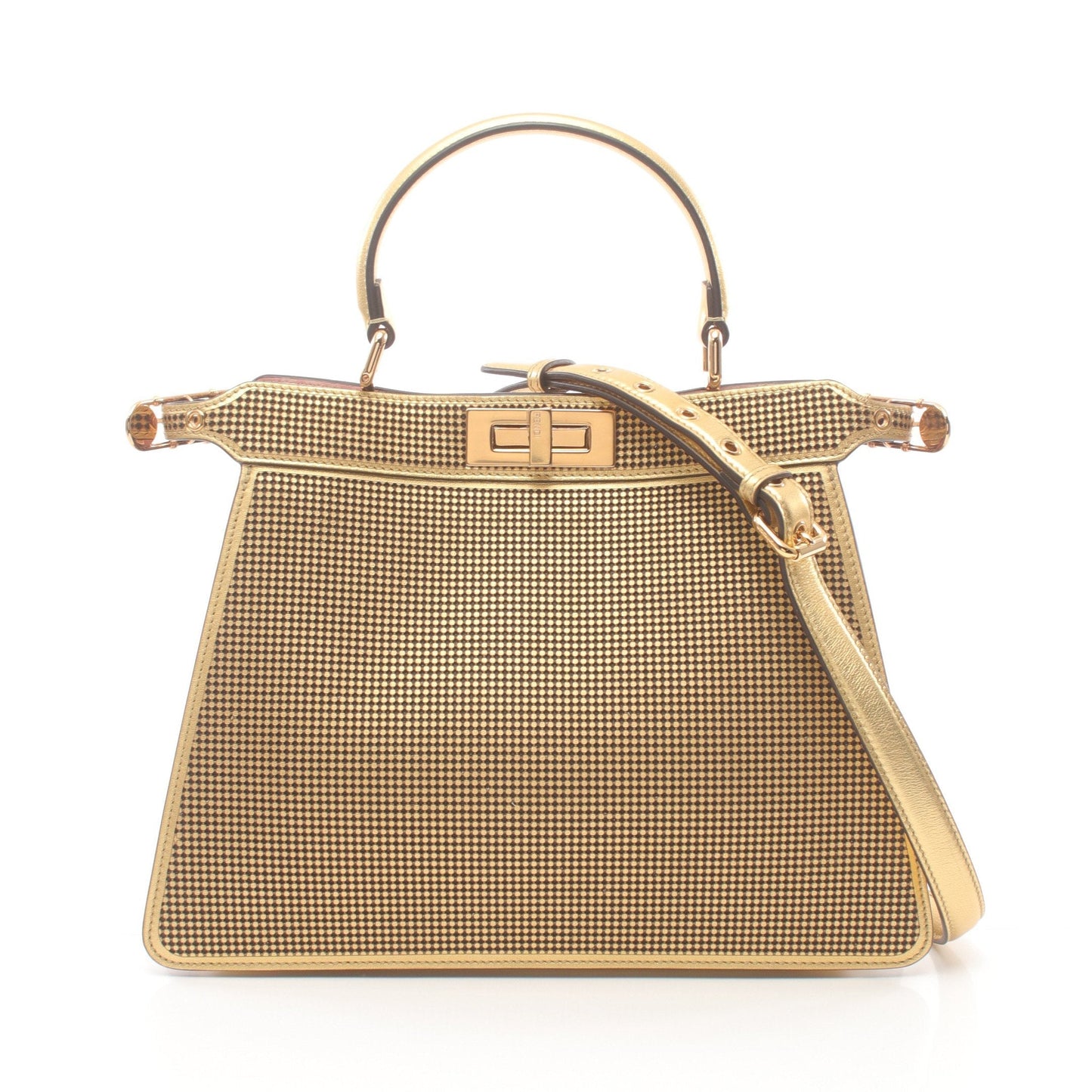 Luxury Fendi FENDACE Fenderche Peekaboo Isee u Medium Handbag Leather Gold 2WAY