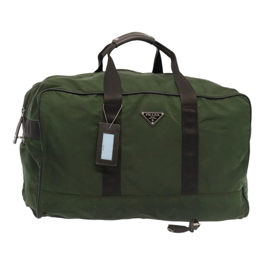 Luxury Prada Boston Bag Nylon Khaki Dark Brown Silver  93216