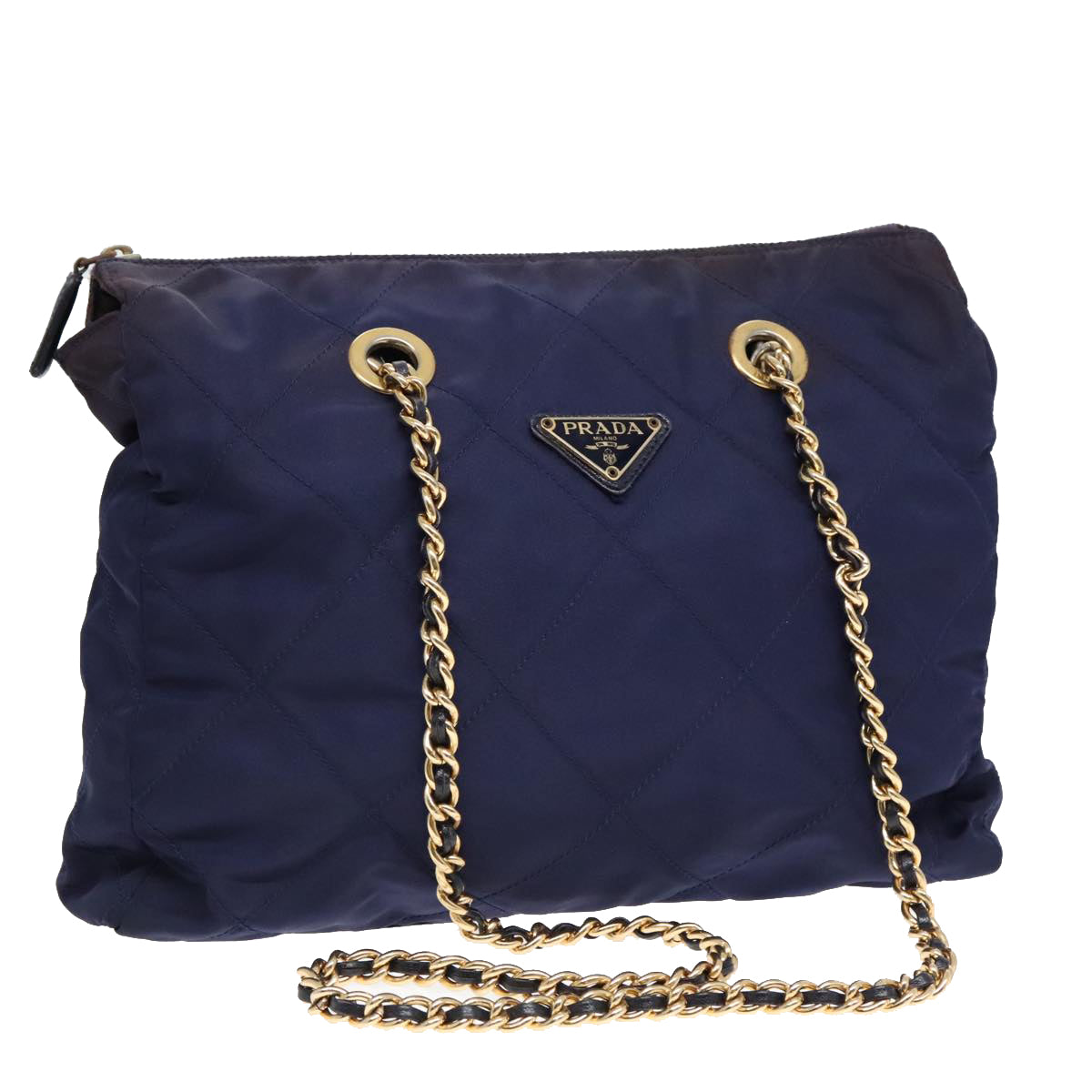 Luxury Prada Chain Shoulder Bag Nylon Navy Gold  93312