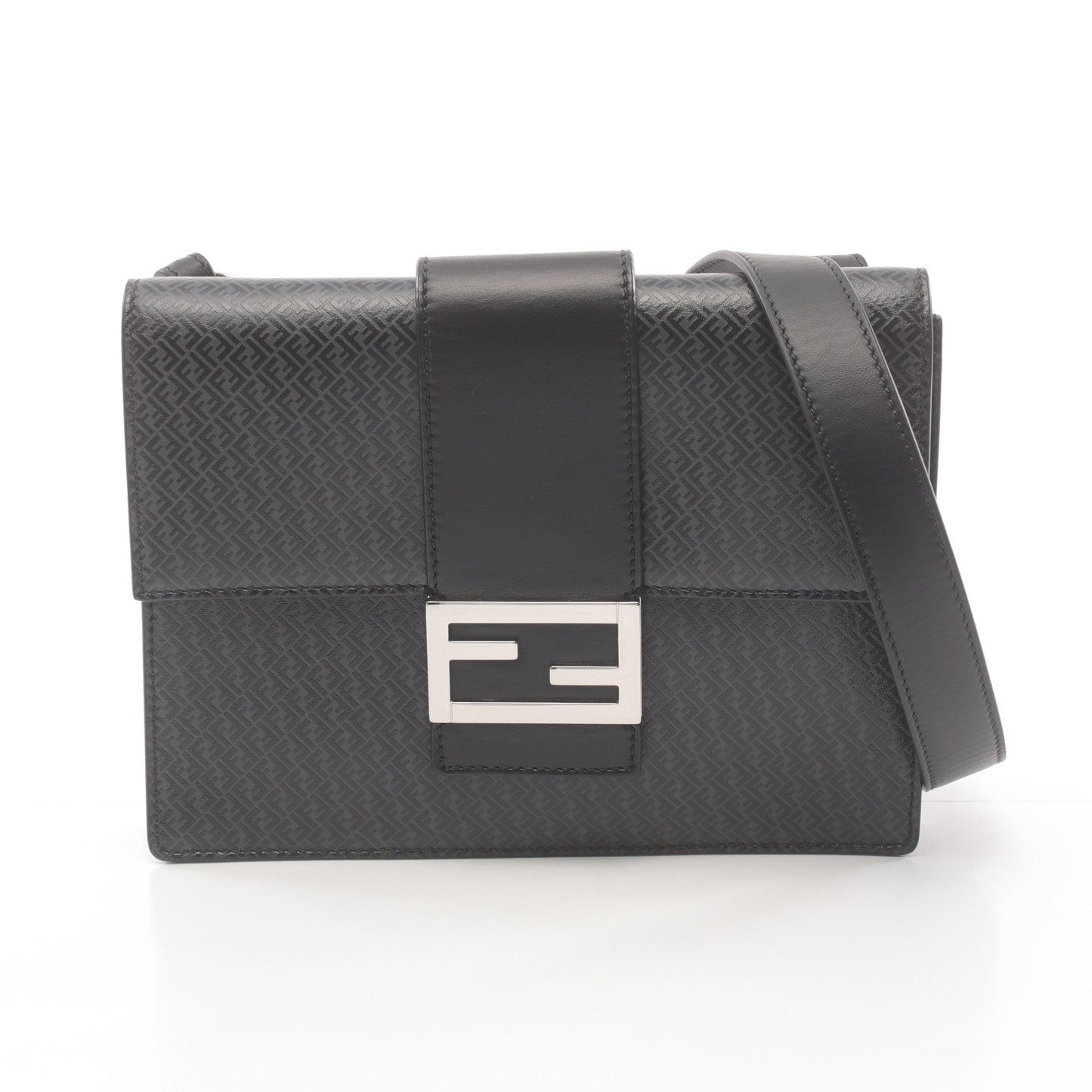 Luxury Fendi Flat Baguette FF motif Shoulder bag Leather Dark gray Black