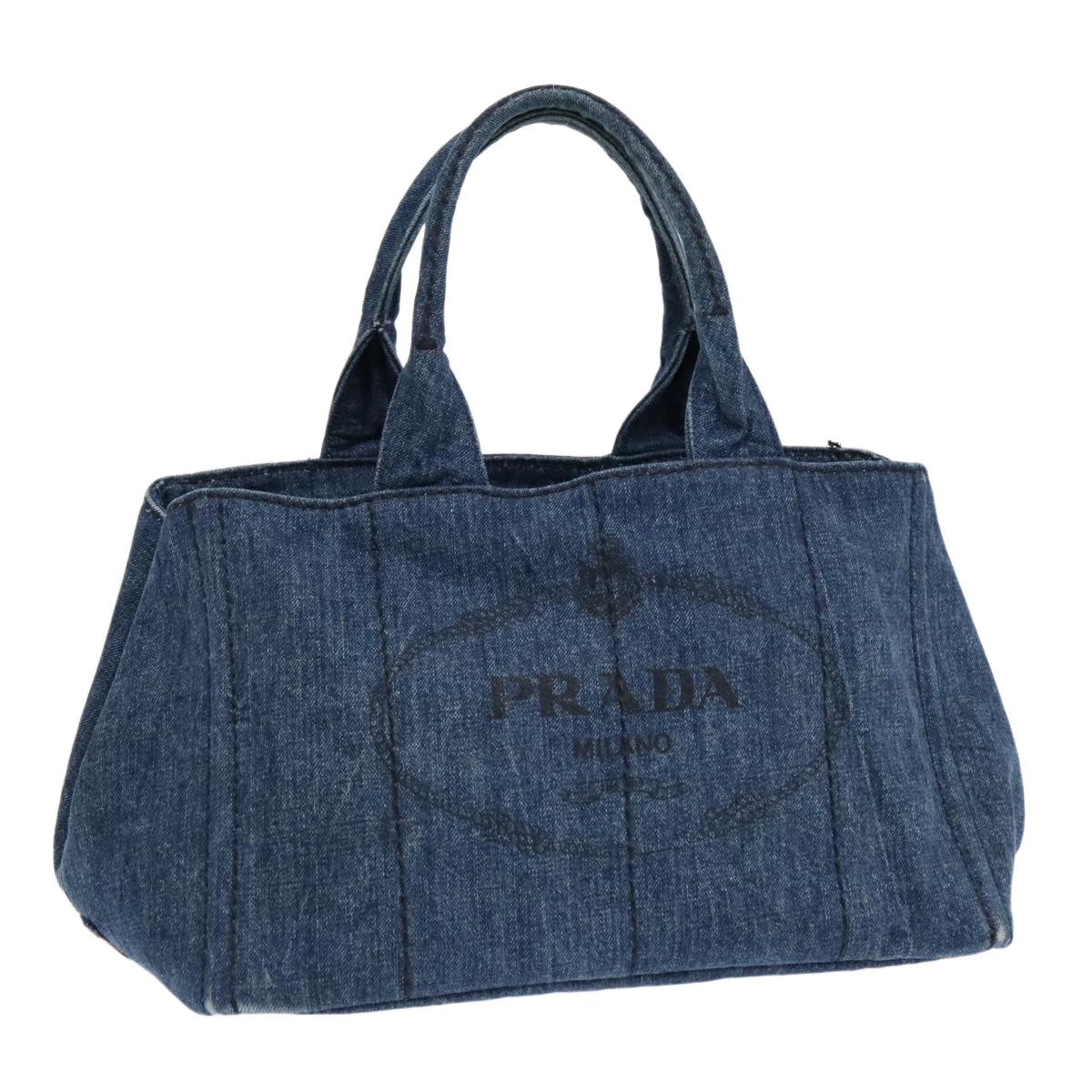 Luxury Prada Canapa MM Hand Bag Denim Navy Gold  93382