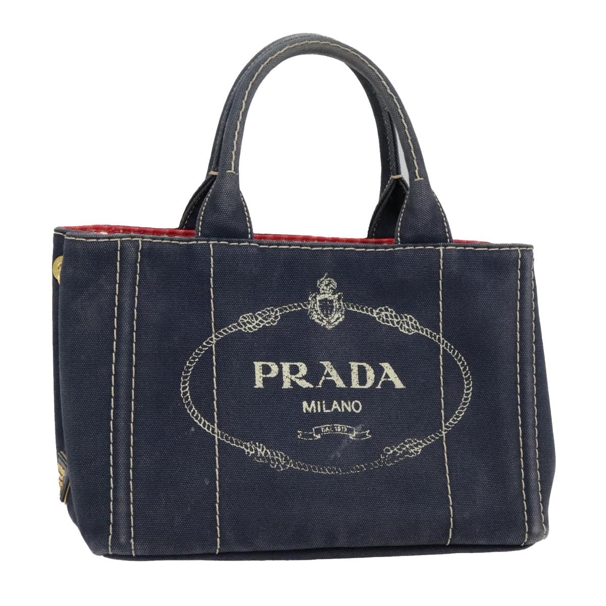 Luxury Prada Canapa PM Hand Bag Canvas Navy Gold  93409
