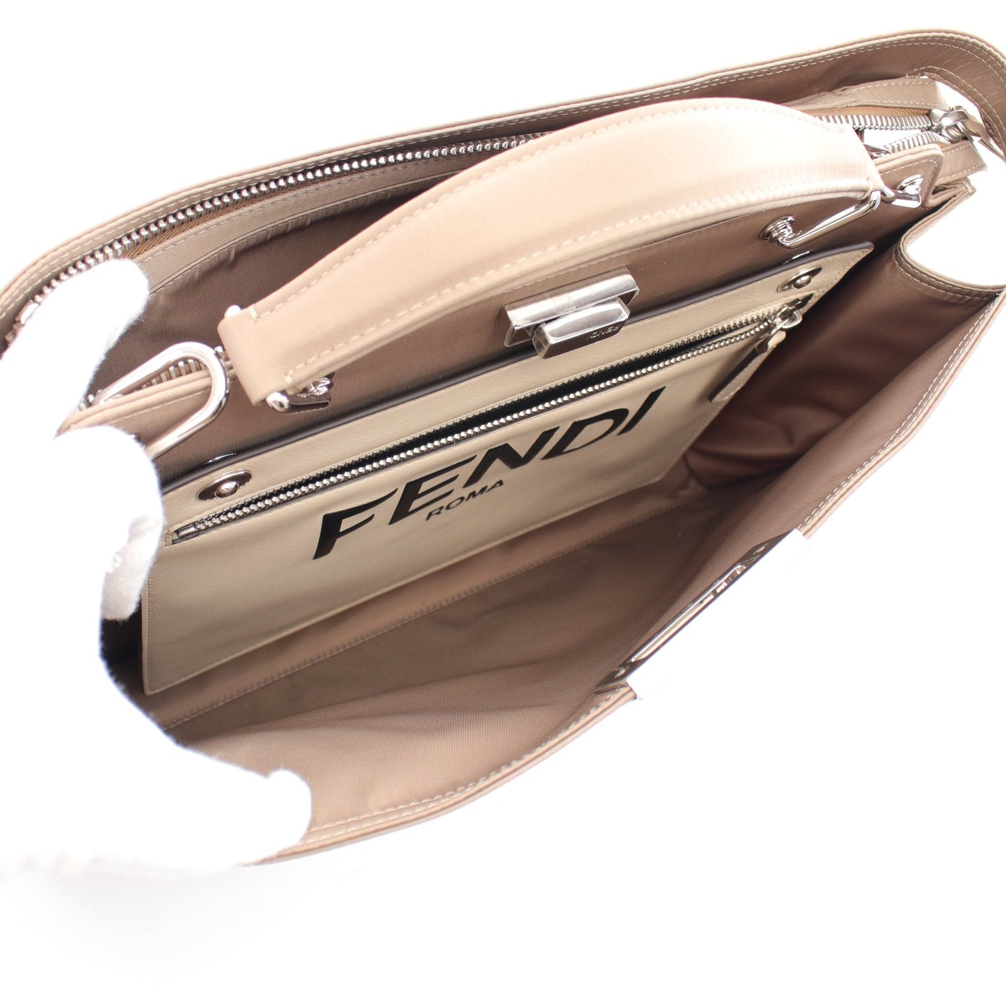 Luxury Fendi Peekaboo Isee u Medium Handbag Nylon Gray beige 2WAY