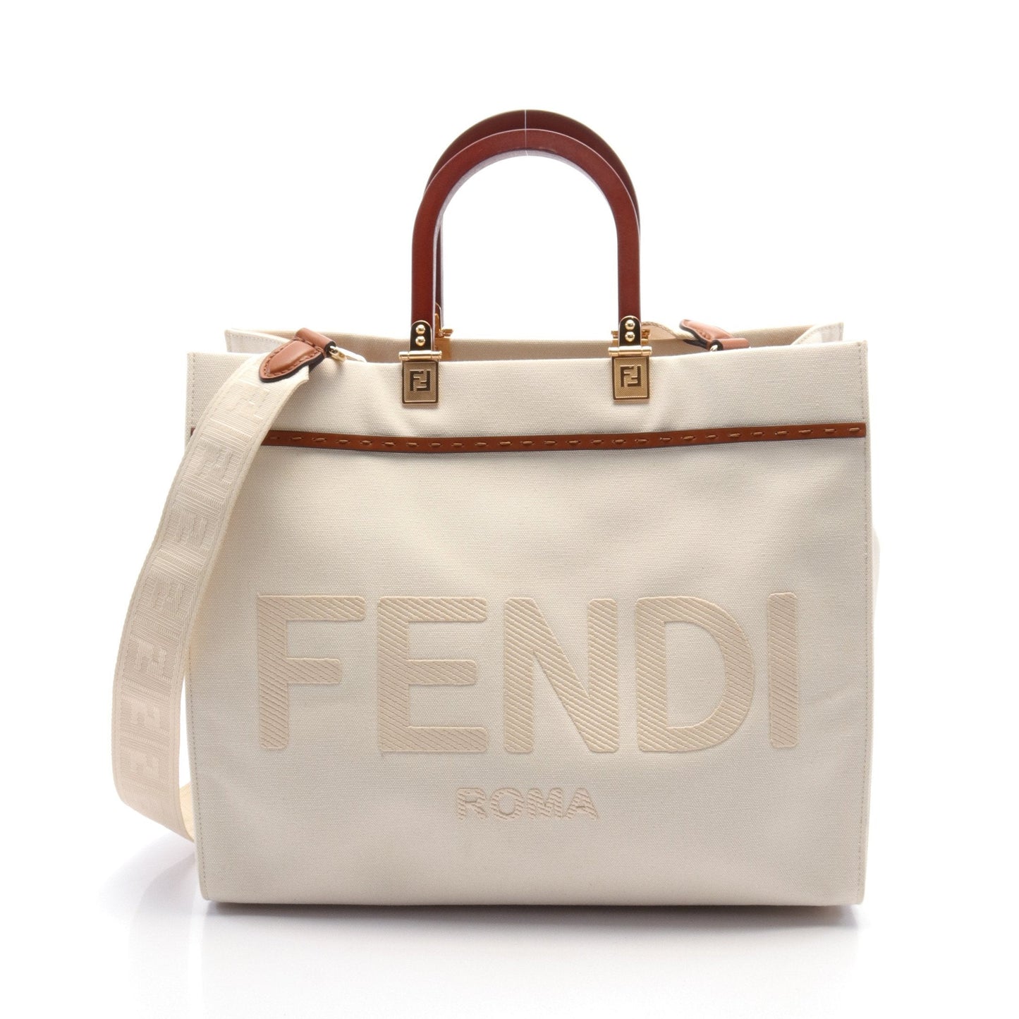 Luxury Fendi SUNSHINE MEDIUM Sunshine Medium Handbag Tote bag Canvas Leather Ivory Brown 2WAY