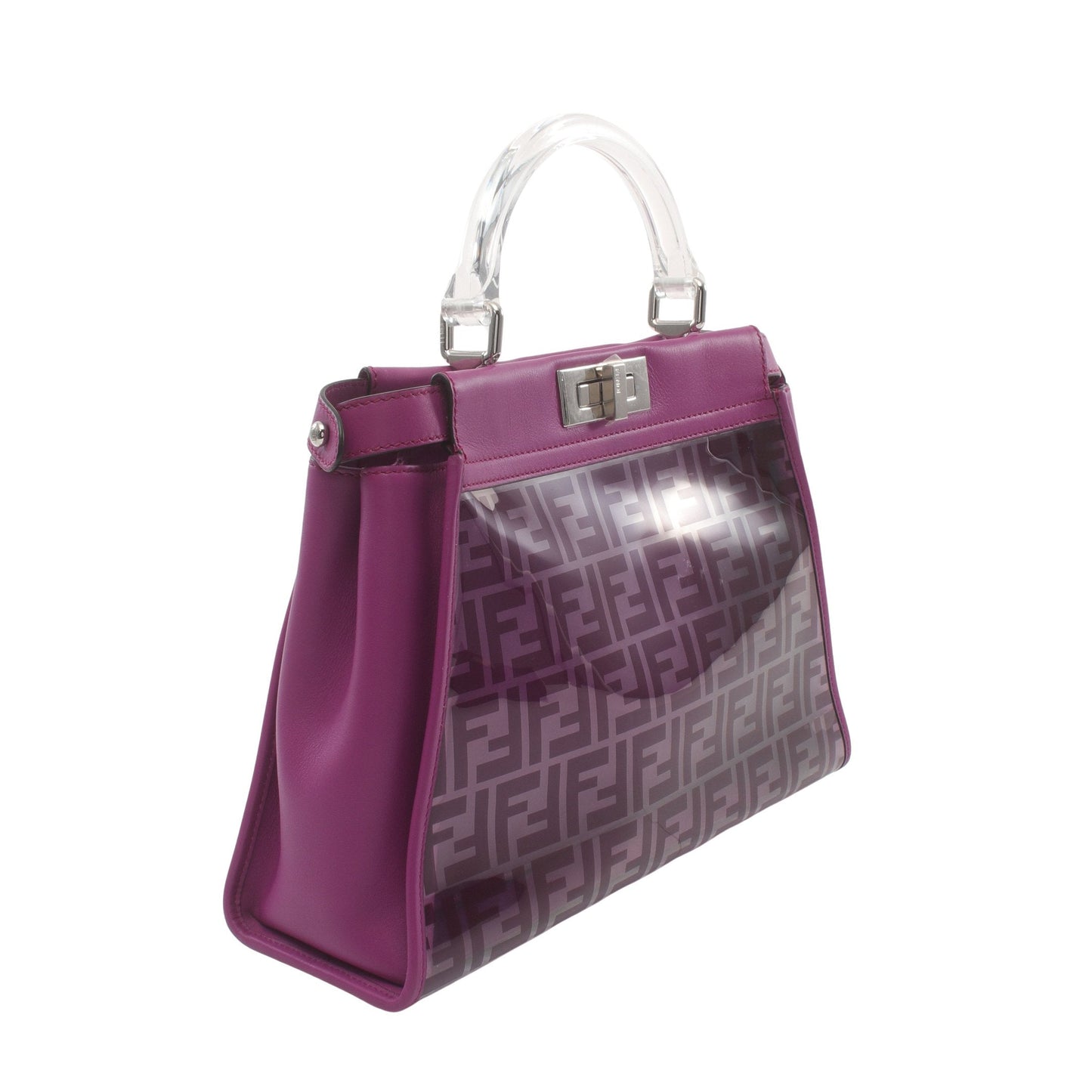 Luxury Fendi Peekaboo Regular Selleria Handbag Vinyl Leather Purple Skeleton 2WAY