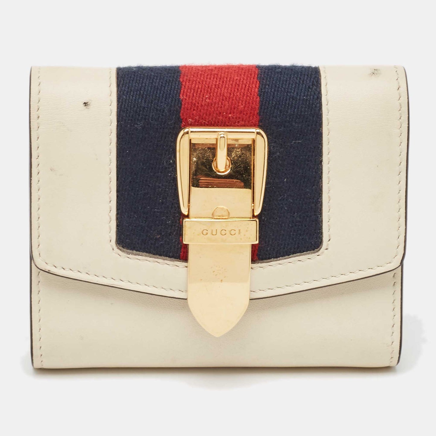 Luxury Gucci Trending 2025 White Leather Sylvie Trifold Wallet