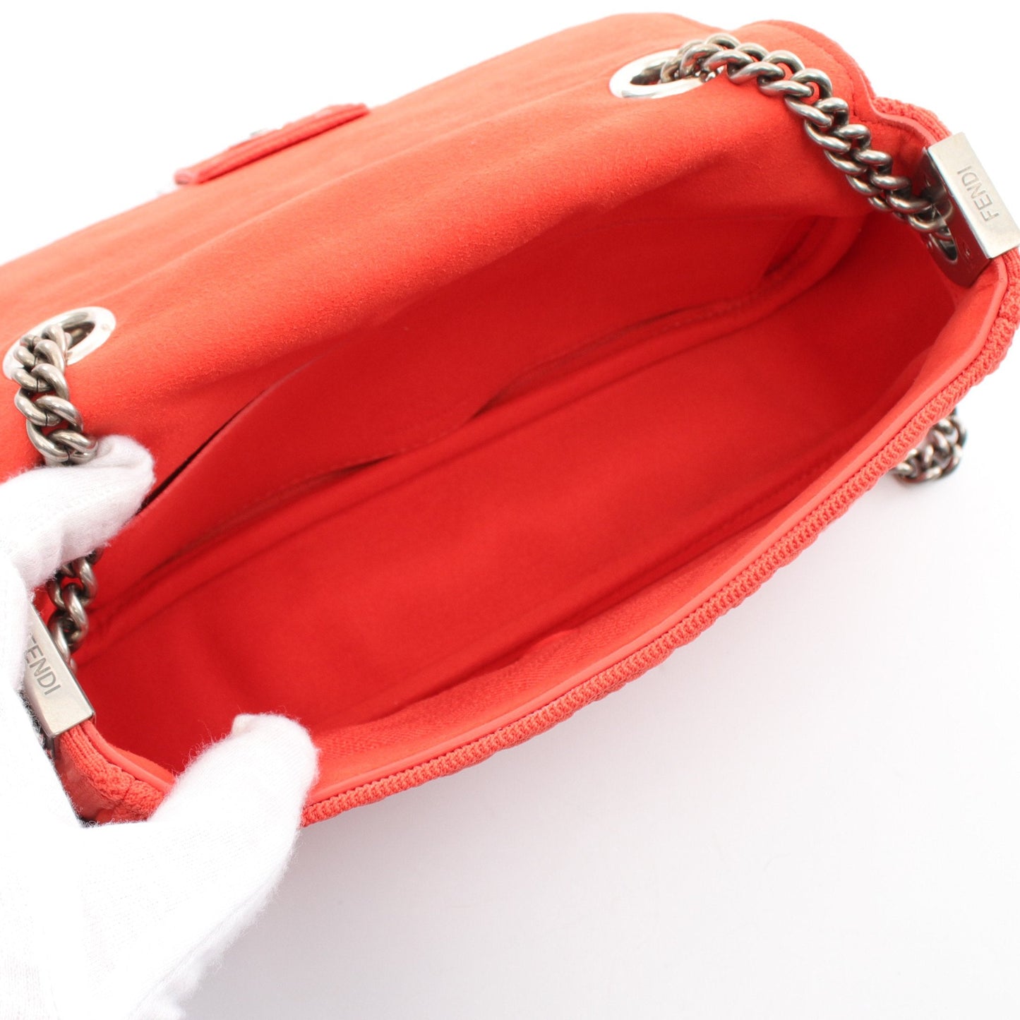Luxury Fendi Bucket Chain Midi Zucca W chain shoulder bag Fabric Suede Orange red
