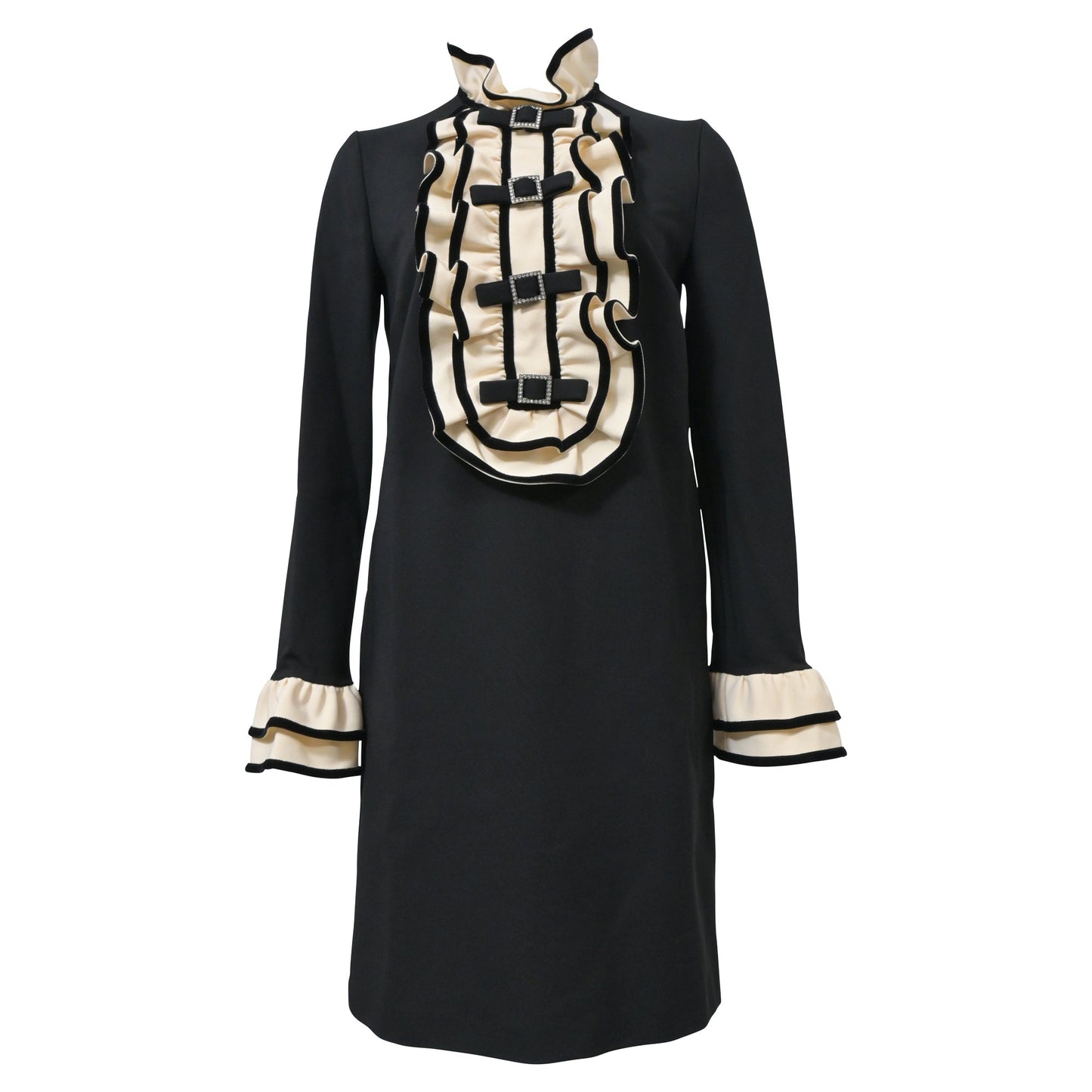 Luxury Gucci Trending 2025 Ruffled-Bib Dress in Black Wool