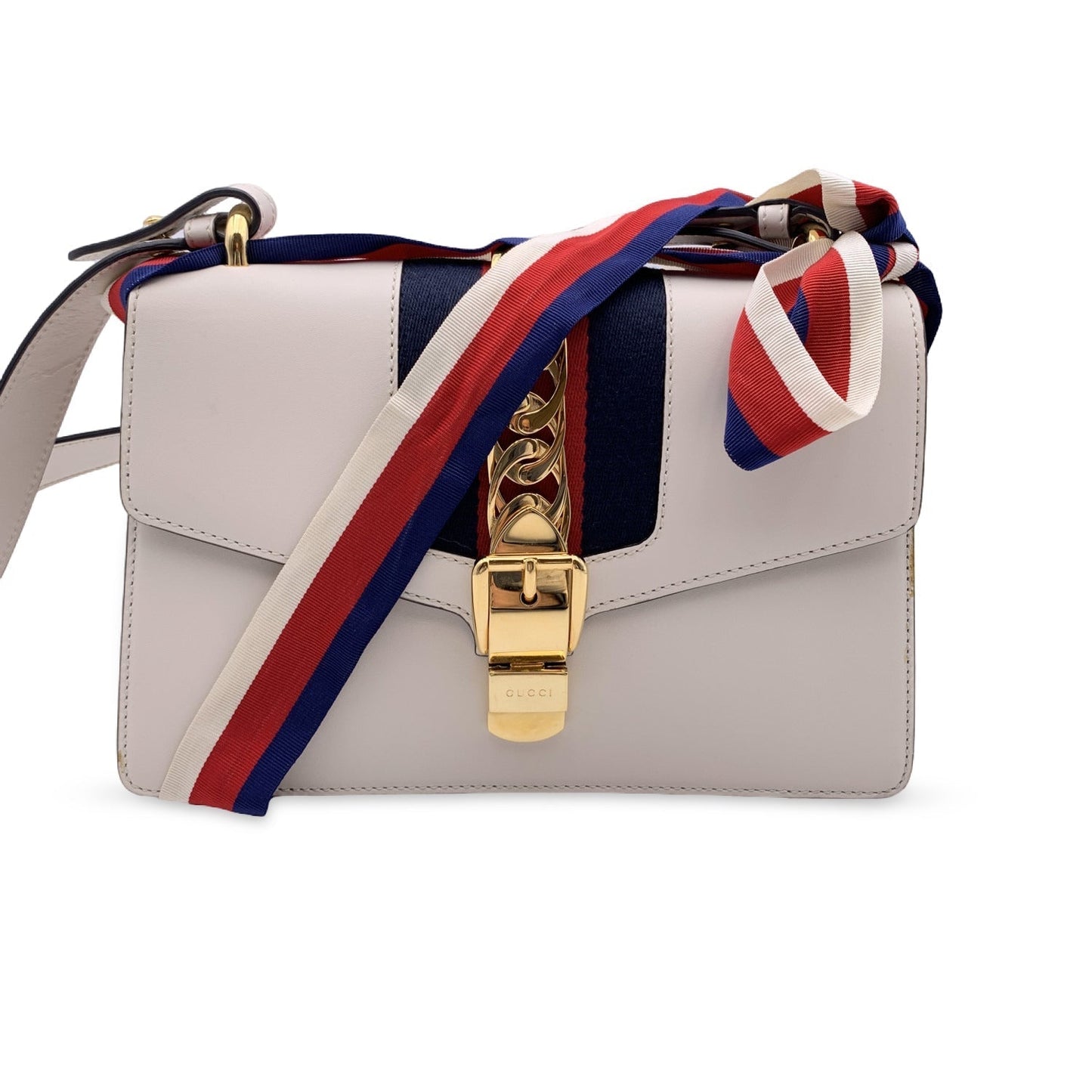 Luxury Gucci White Leather Sylvie Small Signature Web Shoulder Bag