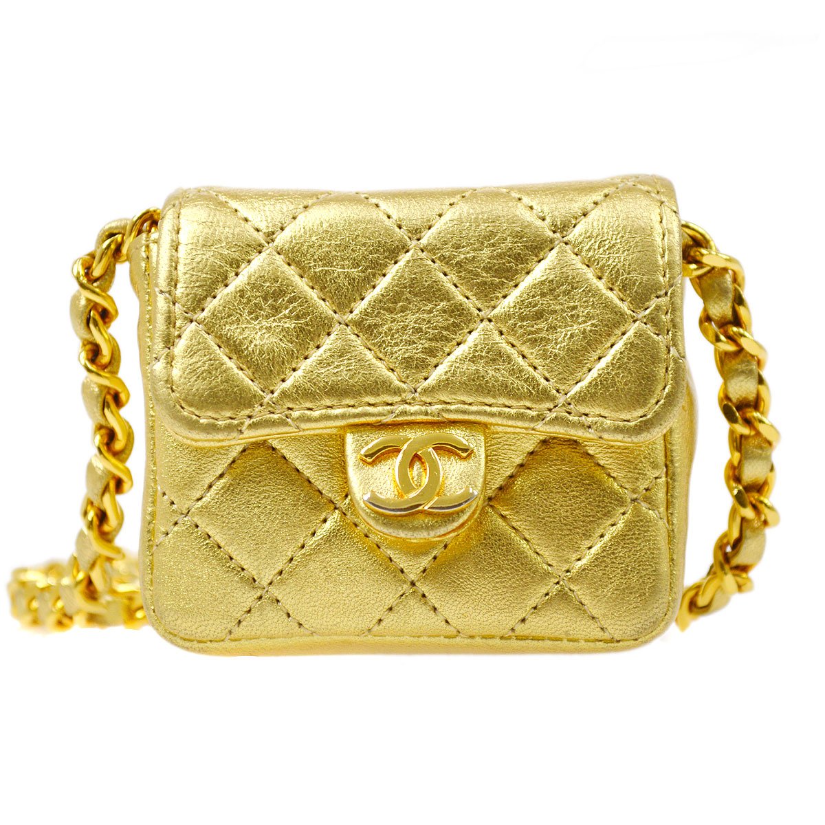 Luxury Chanel 1989-1991 Gold Lambskin Micro Classic Flap Shoulder Bag