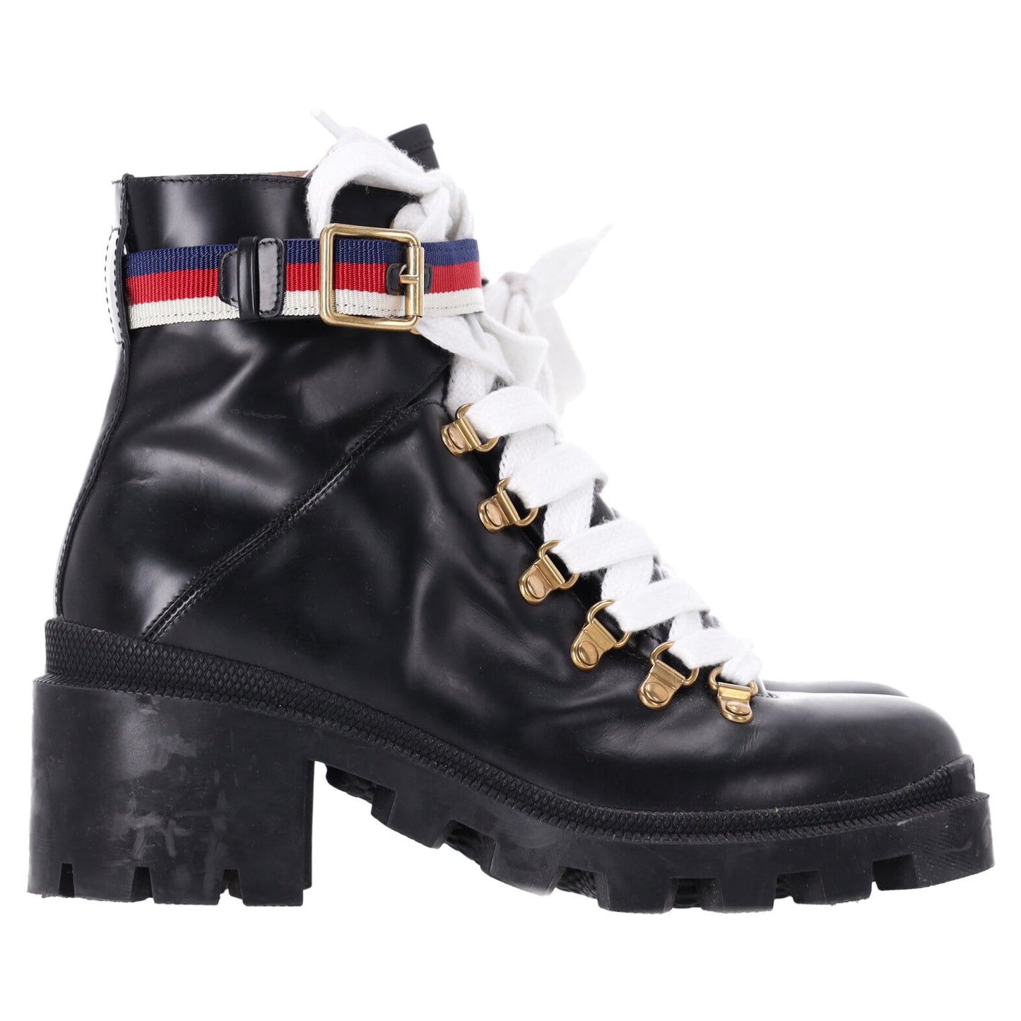 Gucci Sylvie Web Lace-Up Biker Ankle Boots in Black Calf Leather
