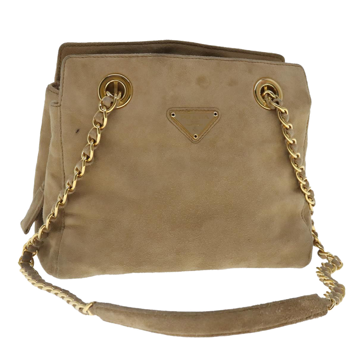 Luxury Prada Chain Shoulder Bag Suede Beige Gold  94408