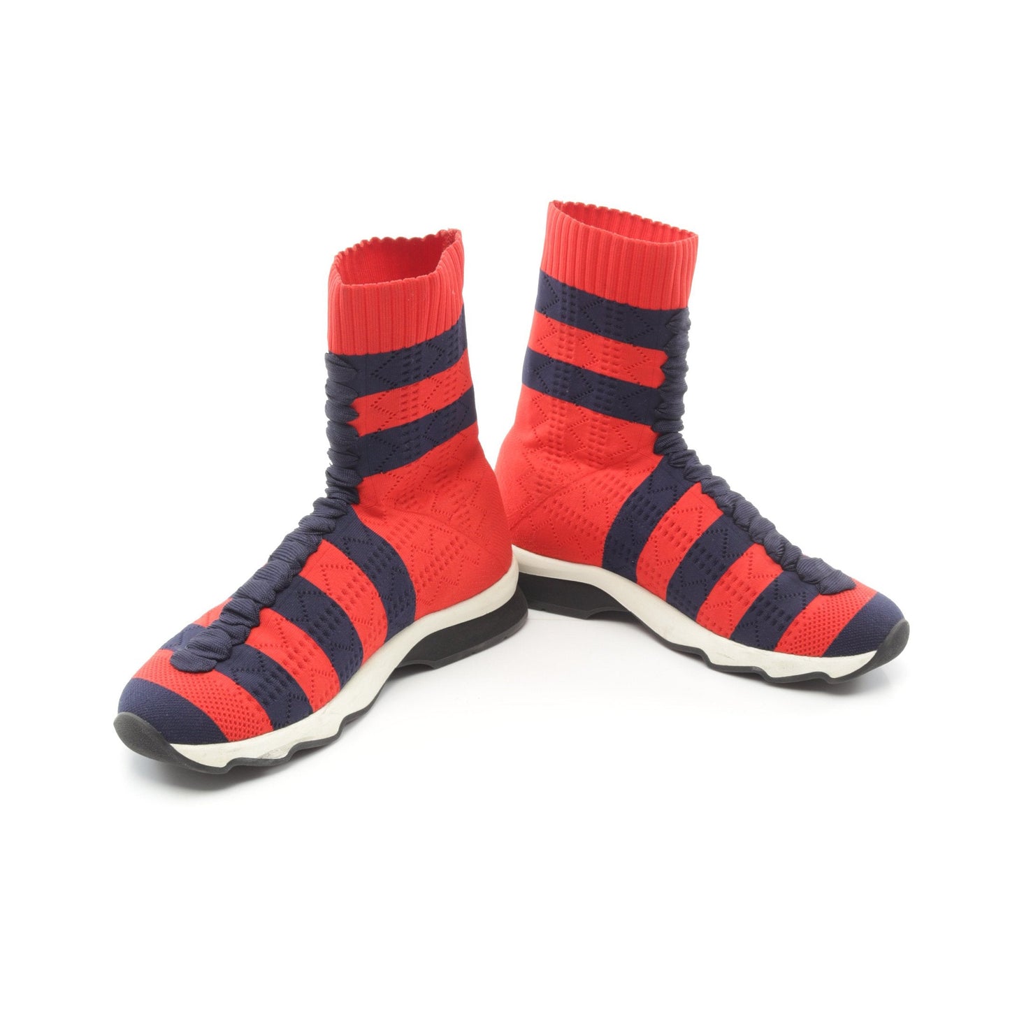 Luxury Fendi Sock sneakers Lace up High cut sneakers Stripes Fabric Red Navy