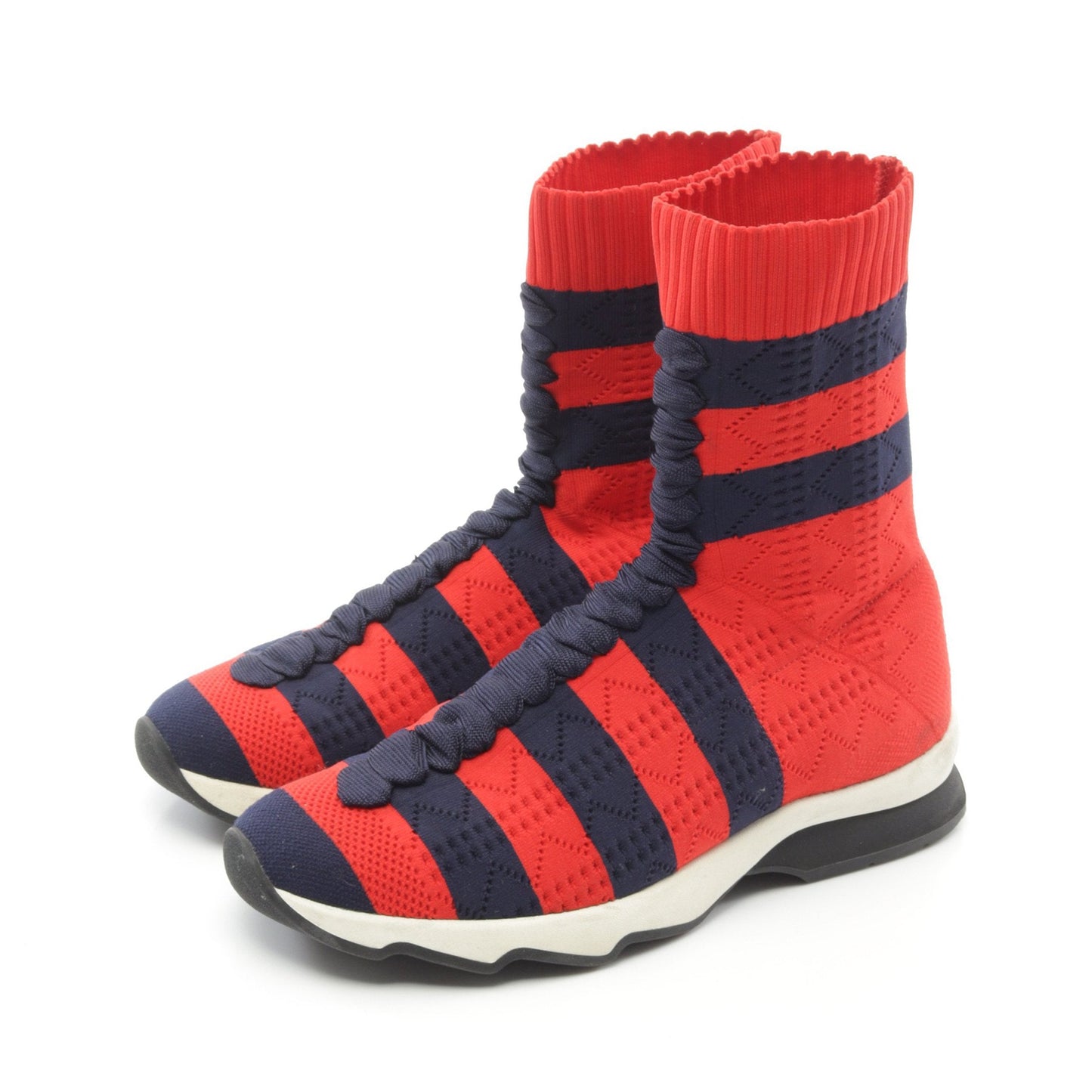 Luxury Fendi Sock sneakers Lace up High cut sneakers Stripes Fabric Red Navy