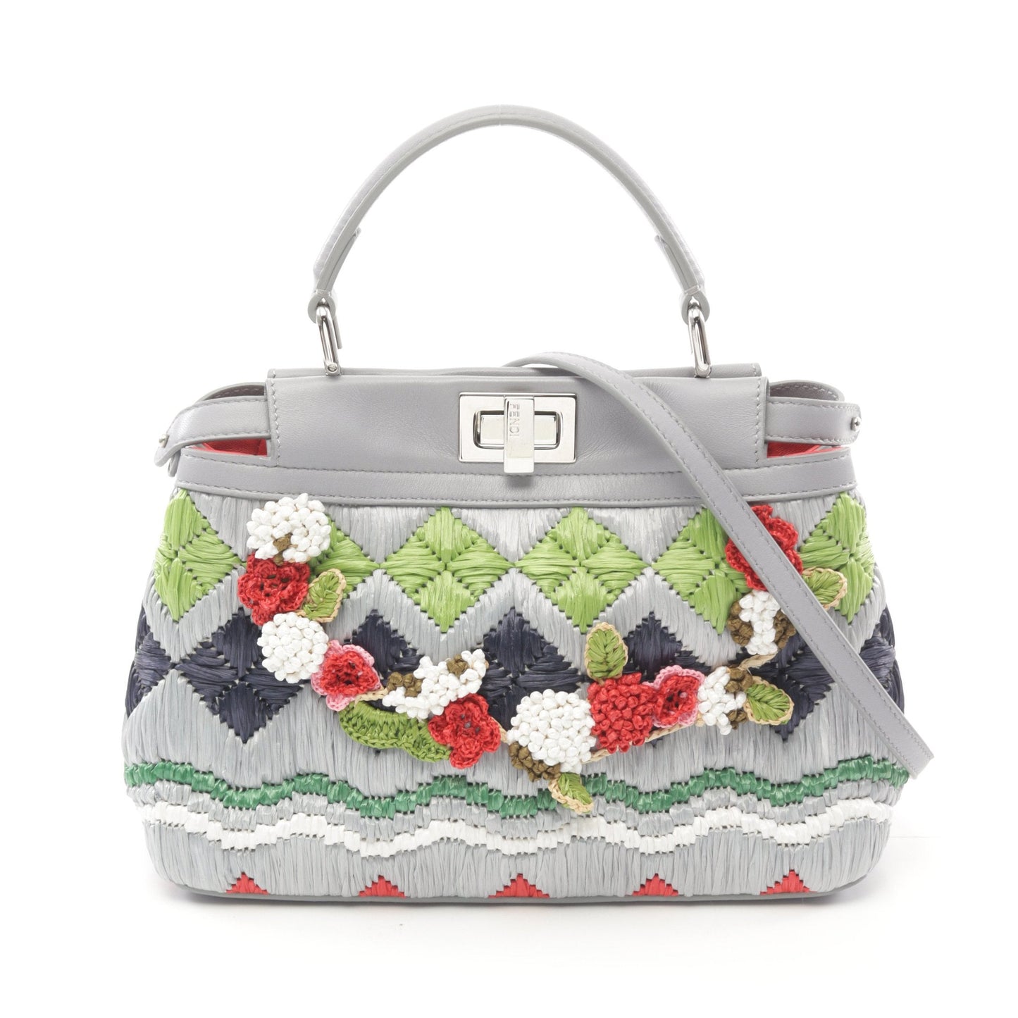 Luxury Fendi Ｍini Peekaboo Handbag Raffia Leather Gray Multicolor 2WAY