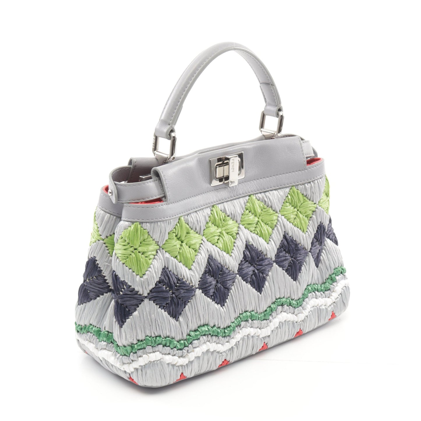 Luxury Fendi Ｍini Peekaboo Handbag Raffia Leather Gray Multicolor 2WAY