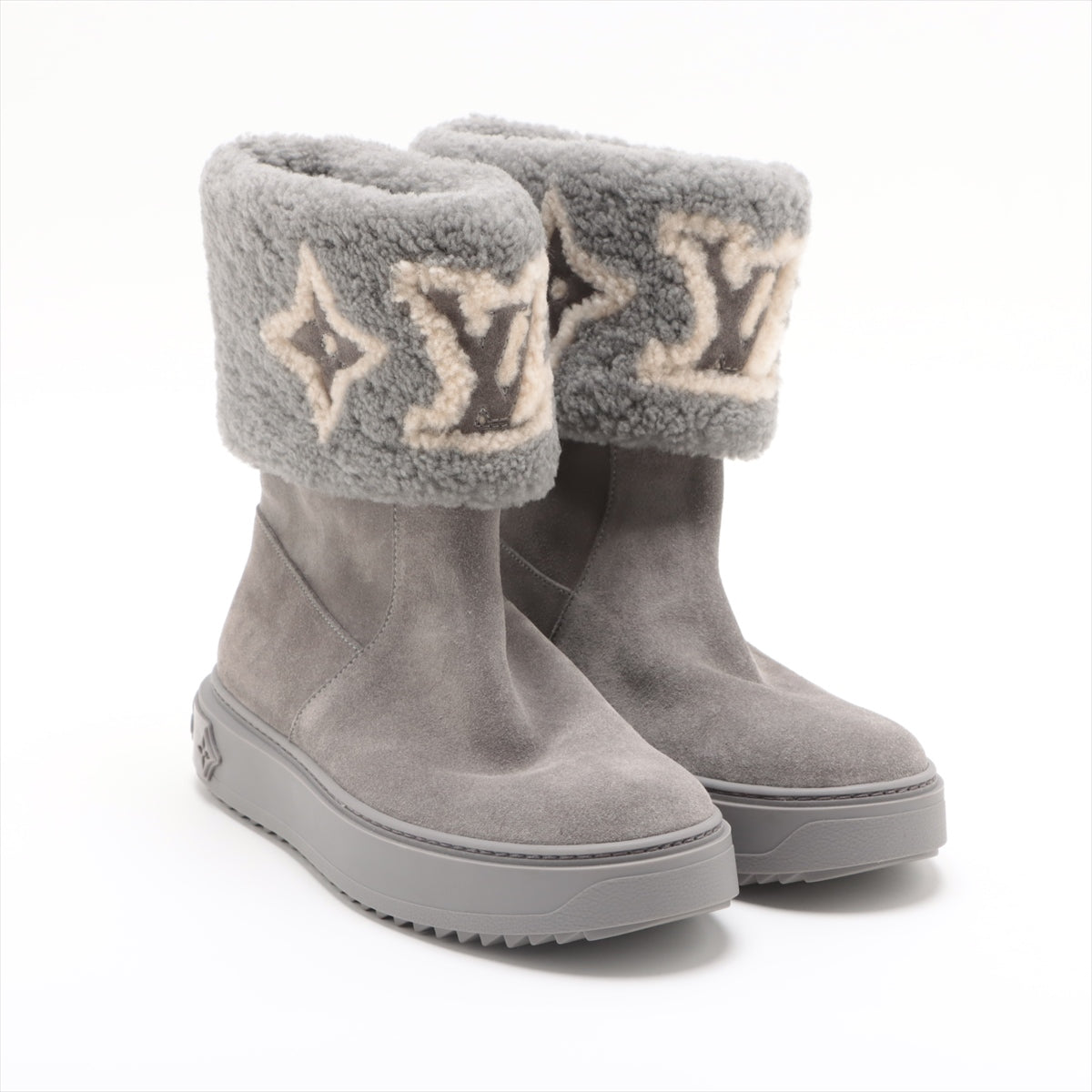 Louis Vuitton Snowdrop Line 22 Years Mouton Short Boots 37 1/2  Grey TC0272 Monogram Insol Boar