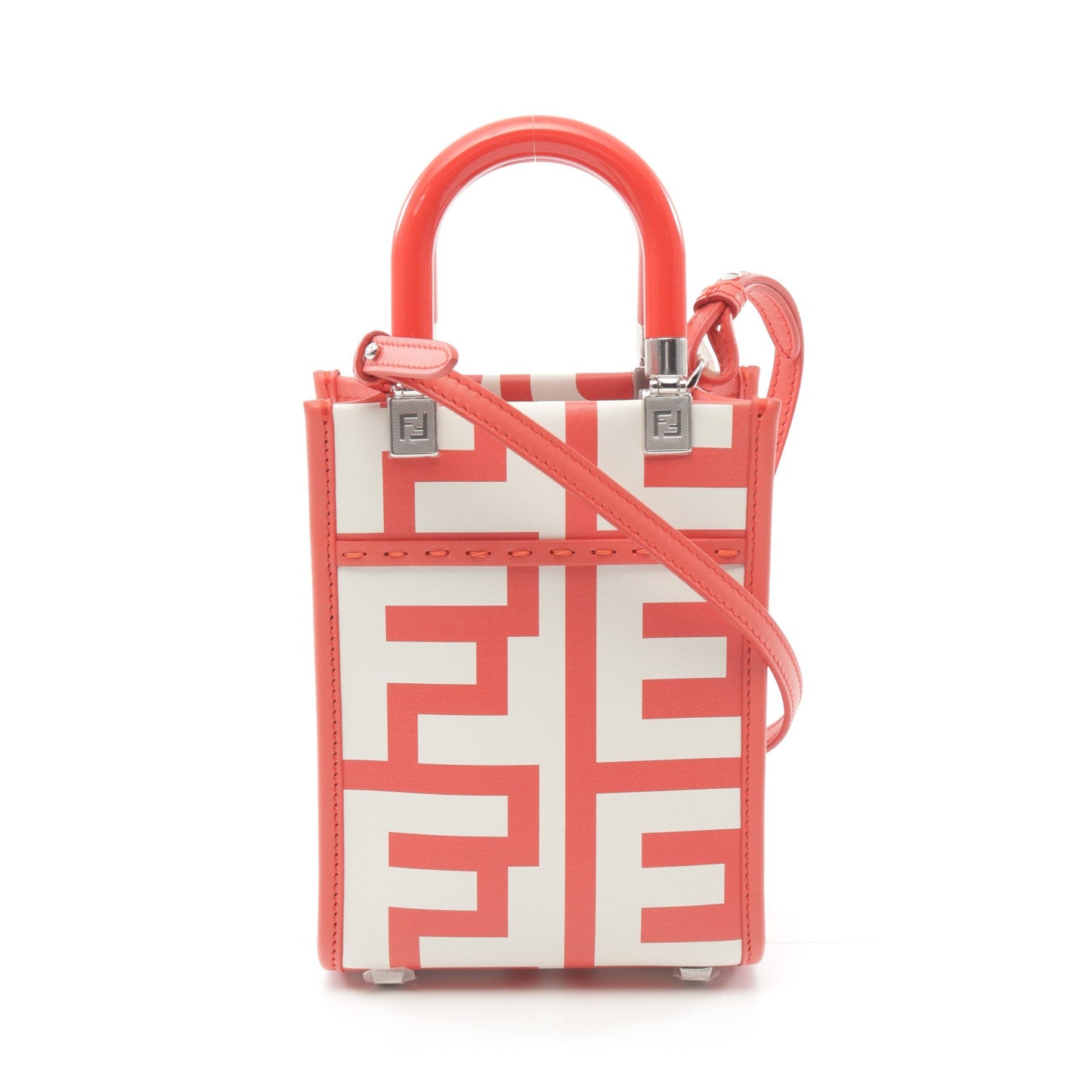 Luxury Fendi Sunshine Shopper Mini Handbag Leather Red Off white 2WAY