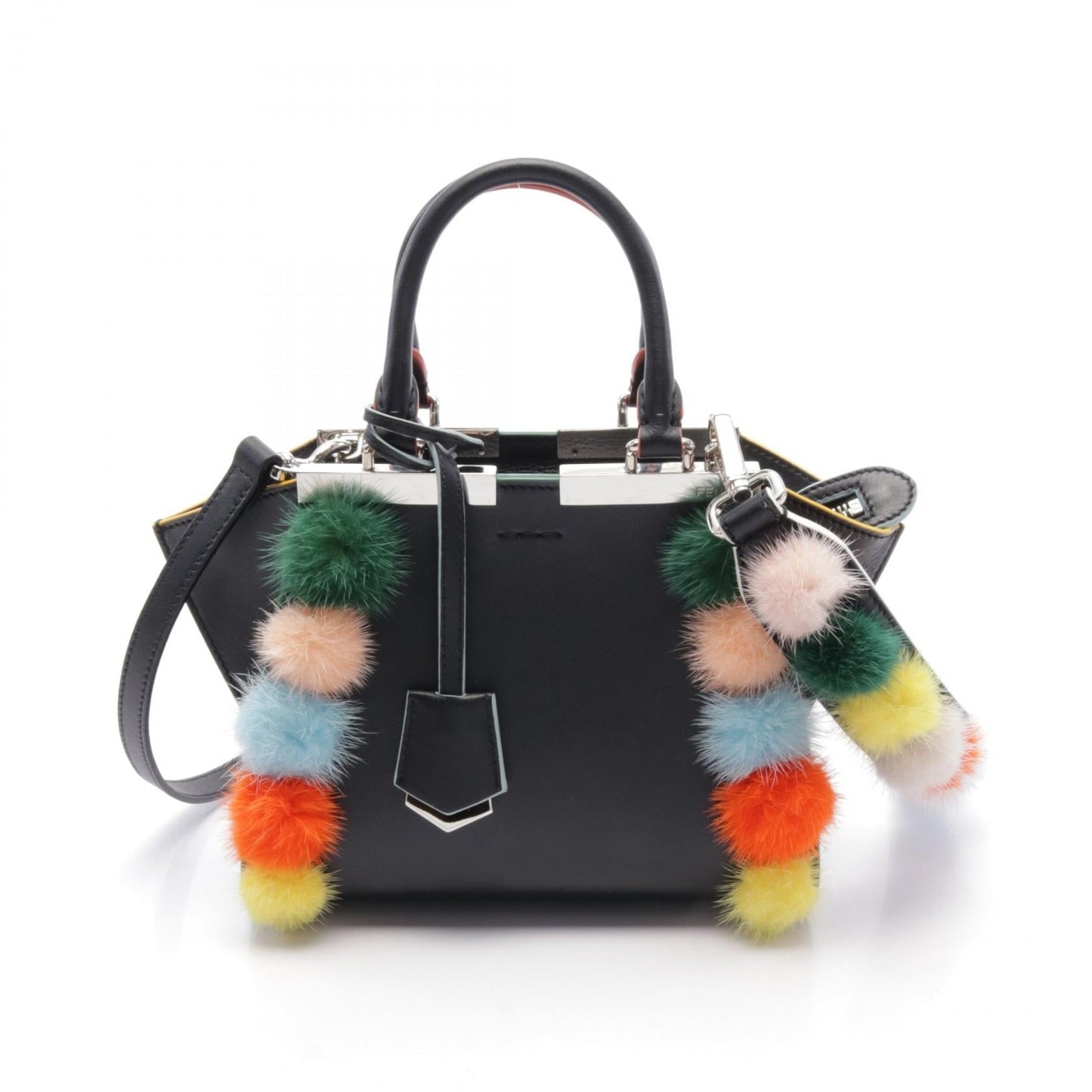 Luxury Fendi Mini Troisours Multicolored fur pom-poms Handbag Leather Black Multicolor