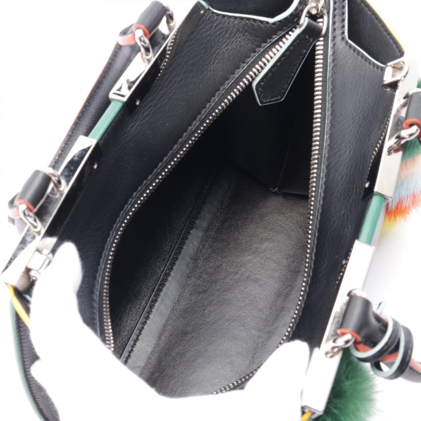 Luxury Fendi Mini Troisours Multicolored fur pom-poms Handbag Leather Black Multicolor