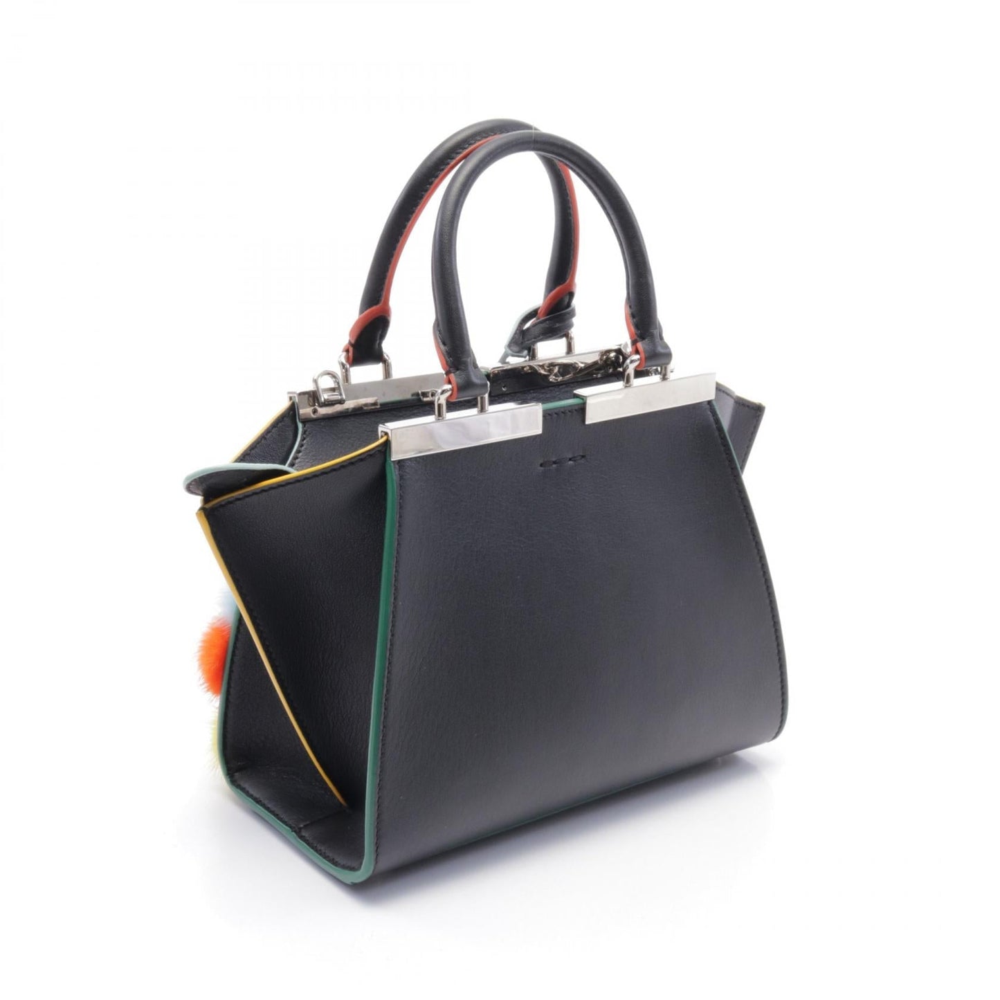 Luxury Fendi Mini Troisours Multicolored fur pom-poms Handbag Leather Black Multicolor
