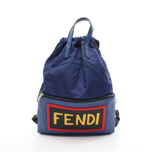 Luxury Fendi Backpack Rucksack Logo Nylon Leather Blue
