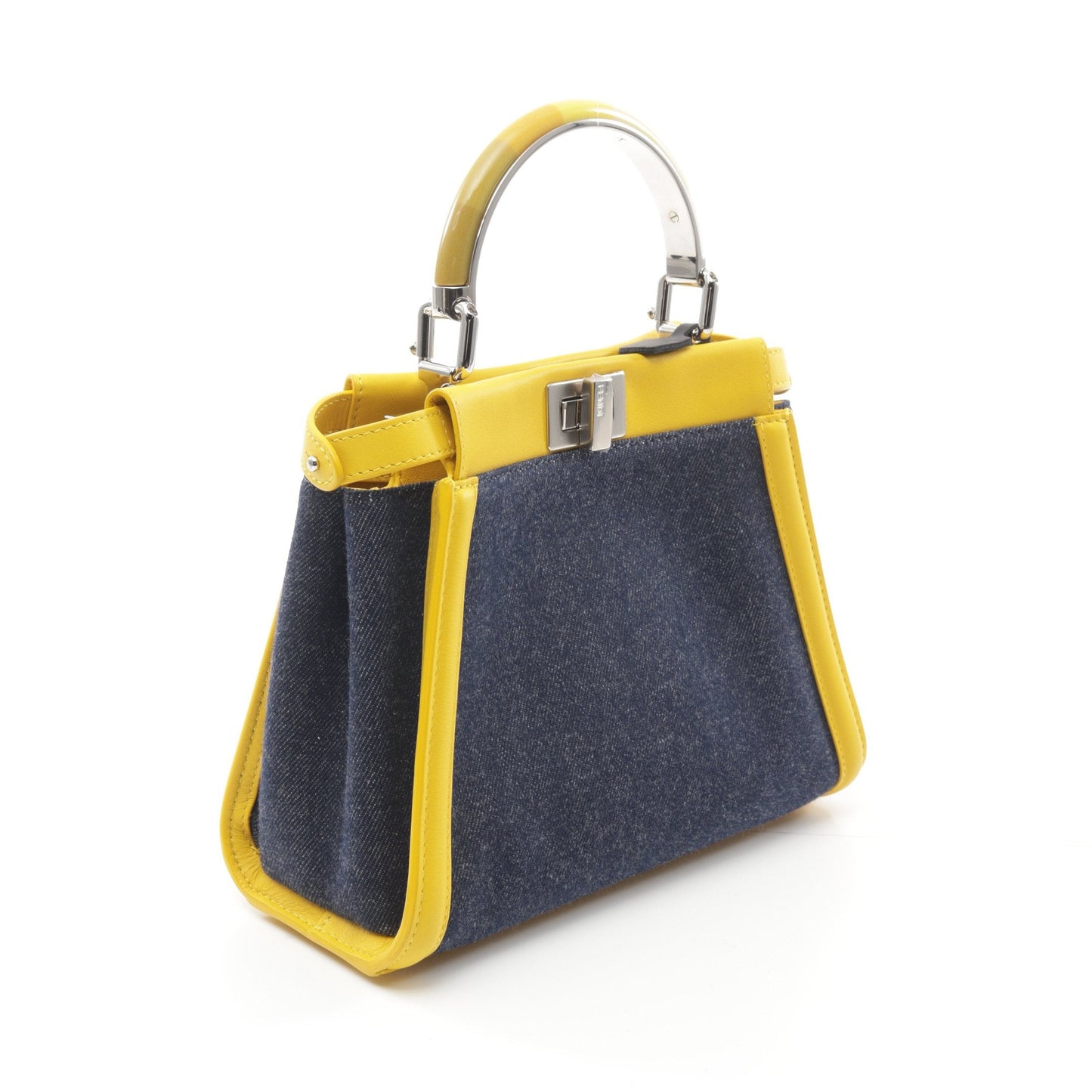 Luxury Fendi Ｍini Peekaboo Iconic Handbag Denim Leather Indigo blue Yellow 2WAY