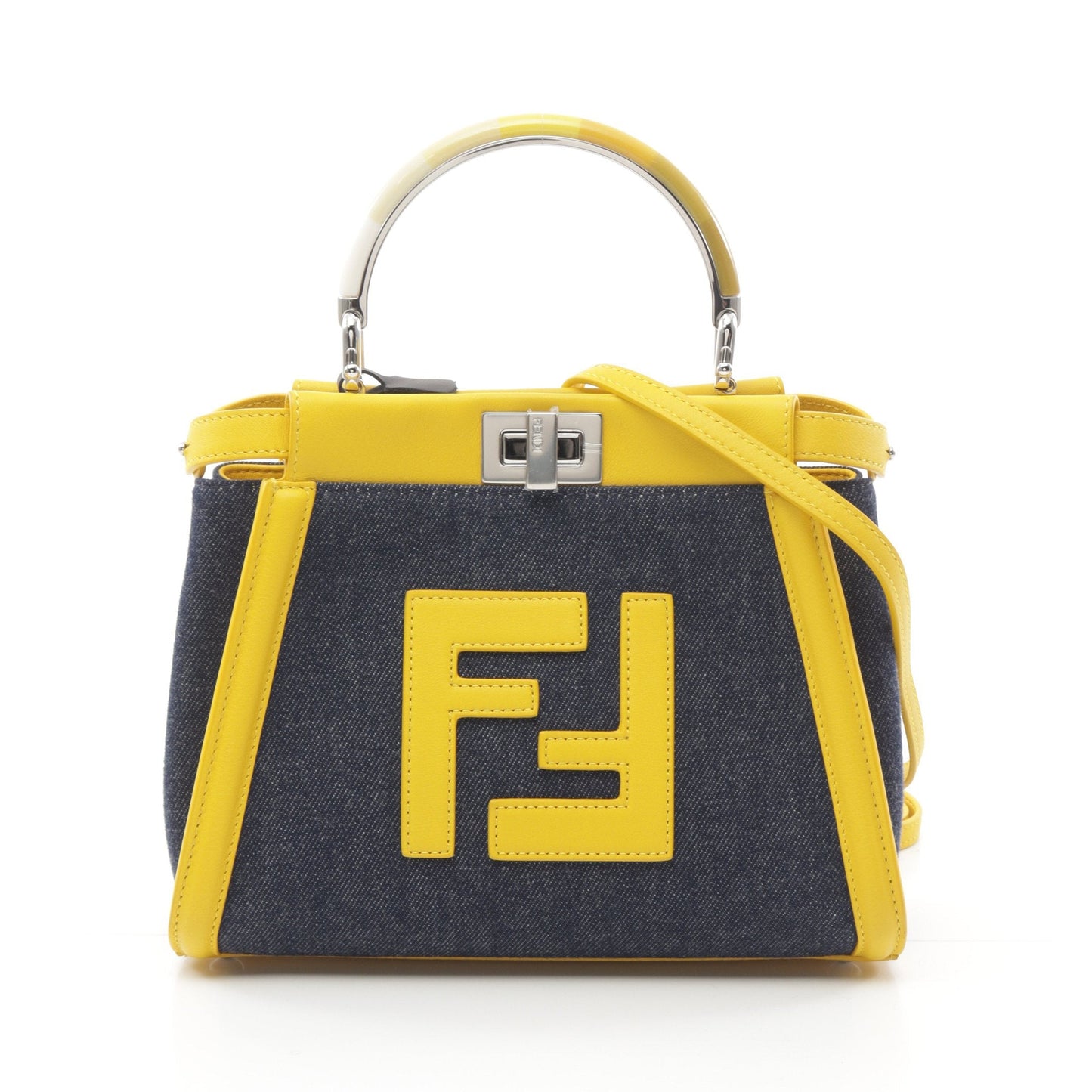 Luxury Fendi Ｍini Peekaboo Iconic Handbag Denim Leather Indigo blue Yellow 2WAY