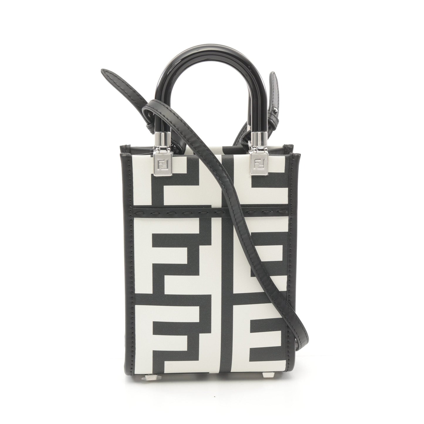 Luxury Fendi Sunshine Shopper Mini Handbag Leather Black White 2WAY