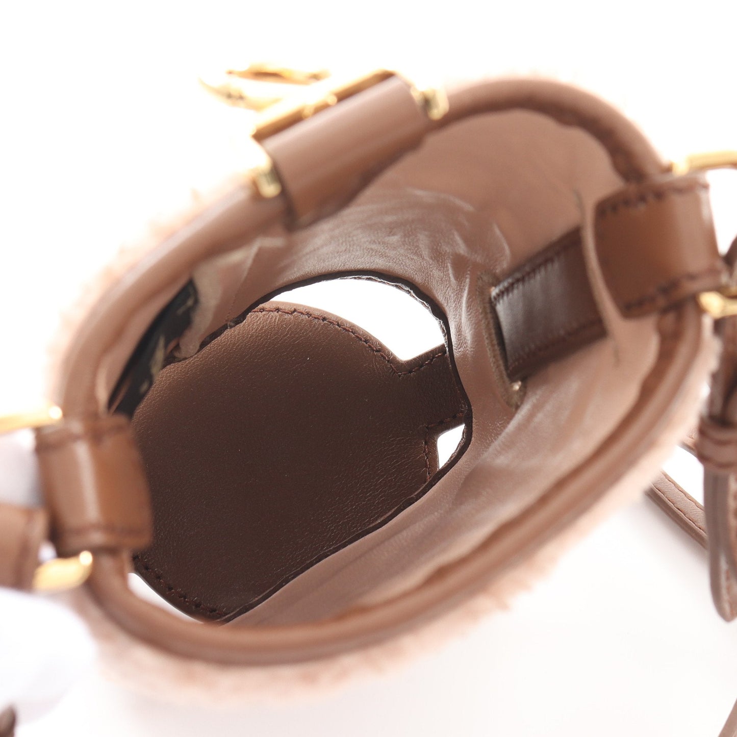Luxury Fendi Bottle holder FF logo Shoulder bag Boa Fabric Leather Pink beige Brown