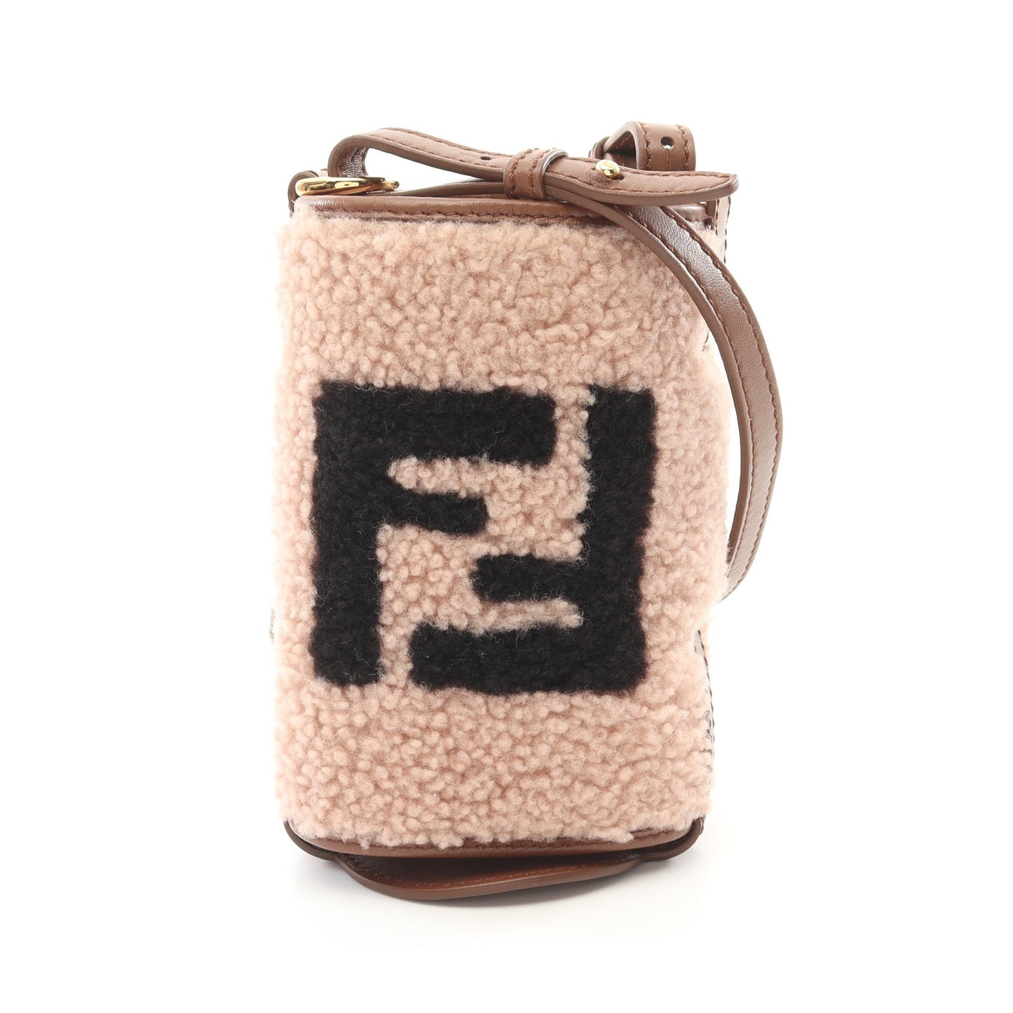 Luxury Fendi Bottle holder FF logo Shoulder bag Boa Fabric Leather Pink beige Brown