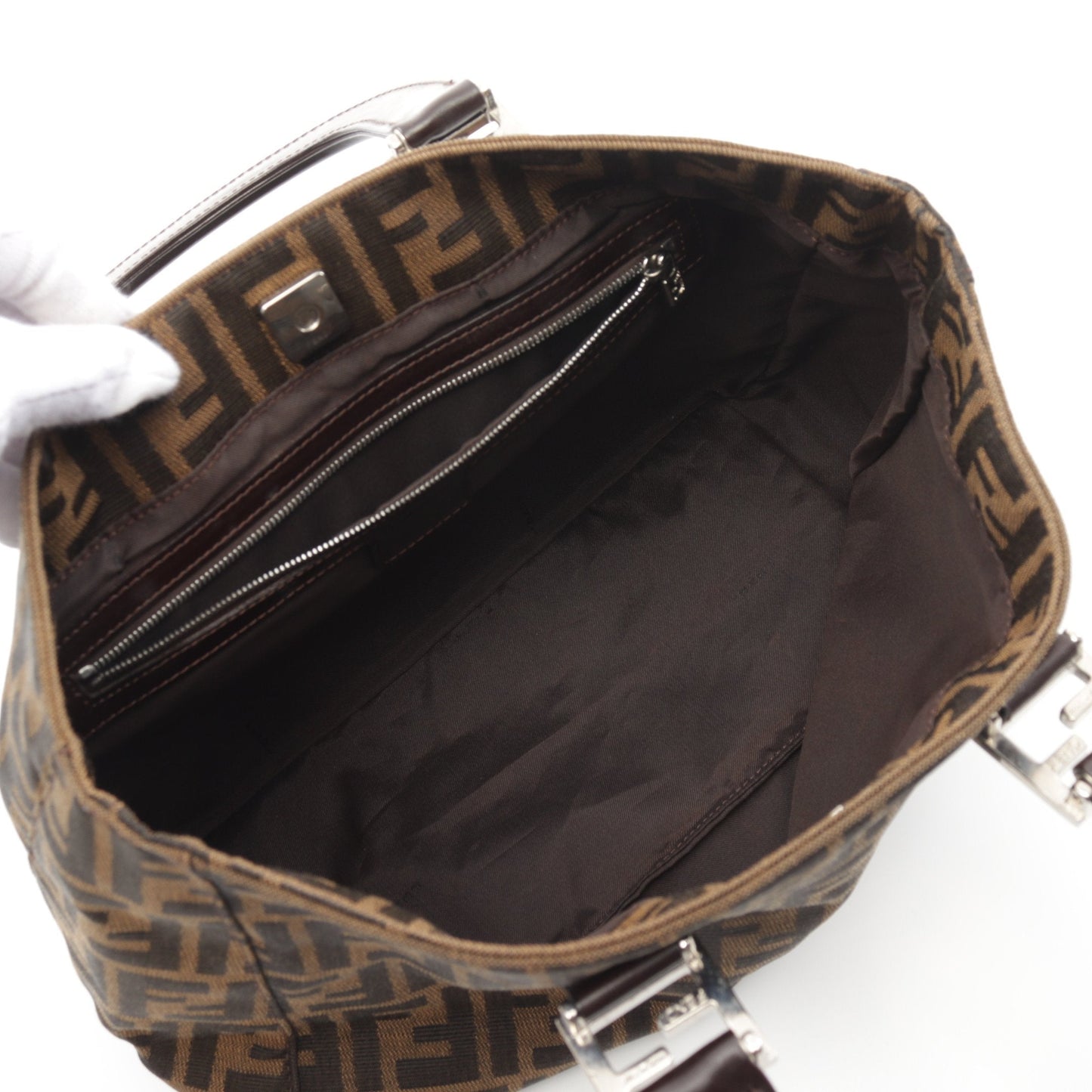 Luxury Fendi Zucca Handbag Tote bag Canvas Leather Brown Dark brown