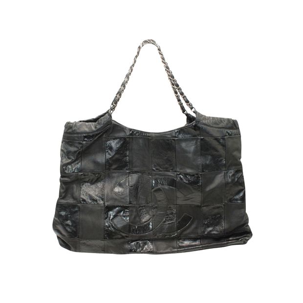 Luxury Chanel Black Leather Patchwork Tote With Silver Tone Chain 2013-2014