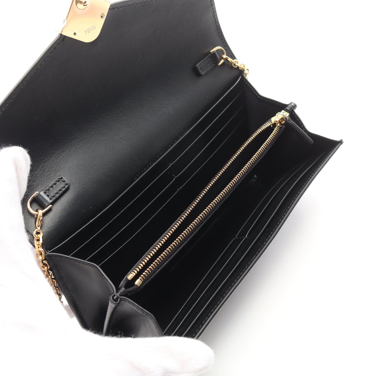 Luxury Fendi FF Diamond Chain wallet Leather Black