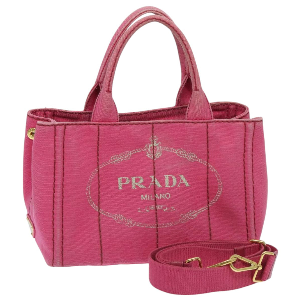 Luxury Prada Canapa PM Hand Bag Canvas 2way Pink Gold  95962