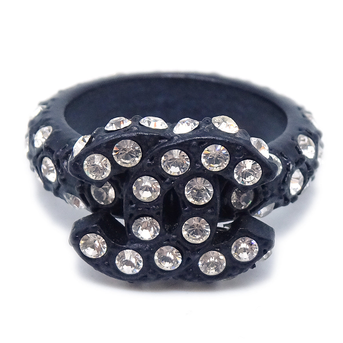 Luxury Chanel 2002 Crystal & Black CC Ring #53