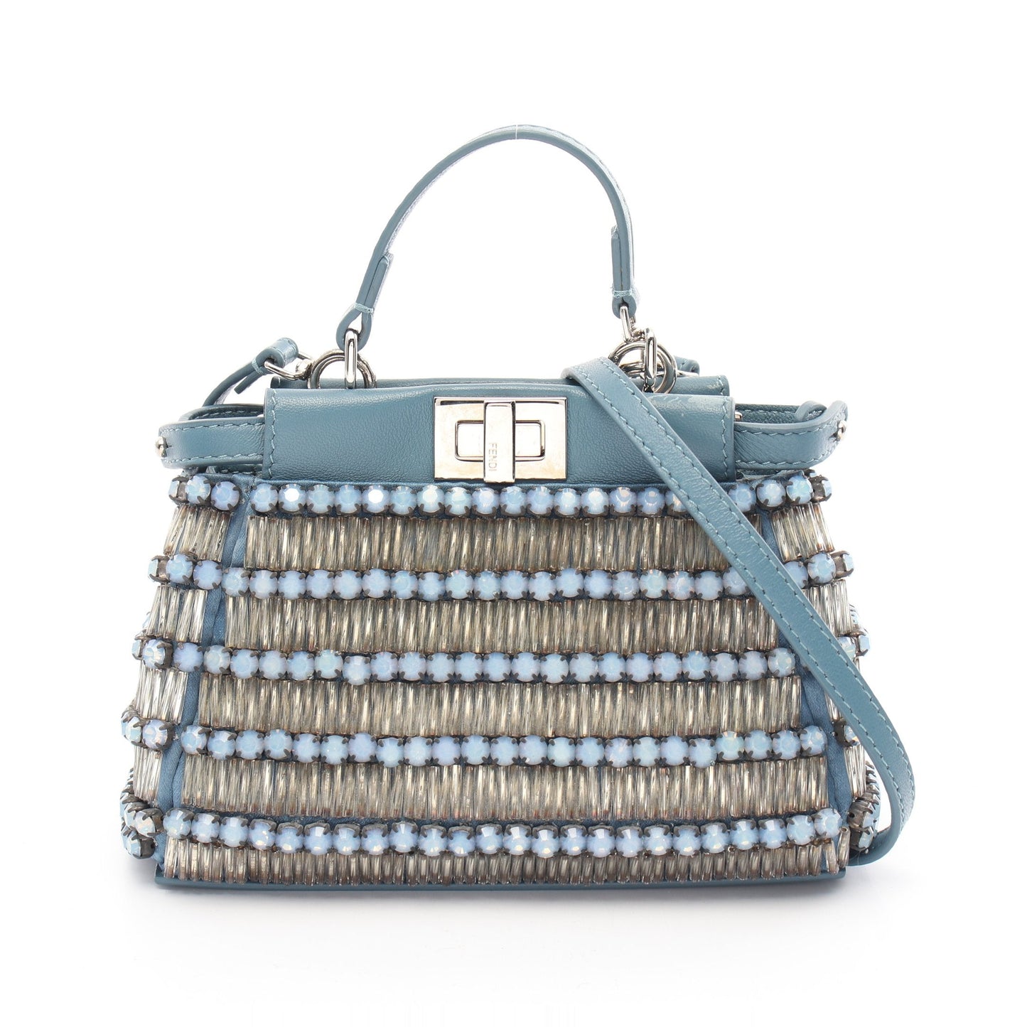 Luxury Fendi Micro peekaboo Handbag Leather Blue green Beads Rhinestone 2WAY