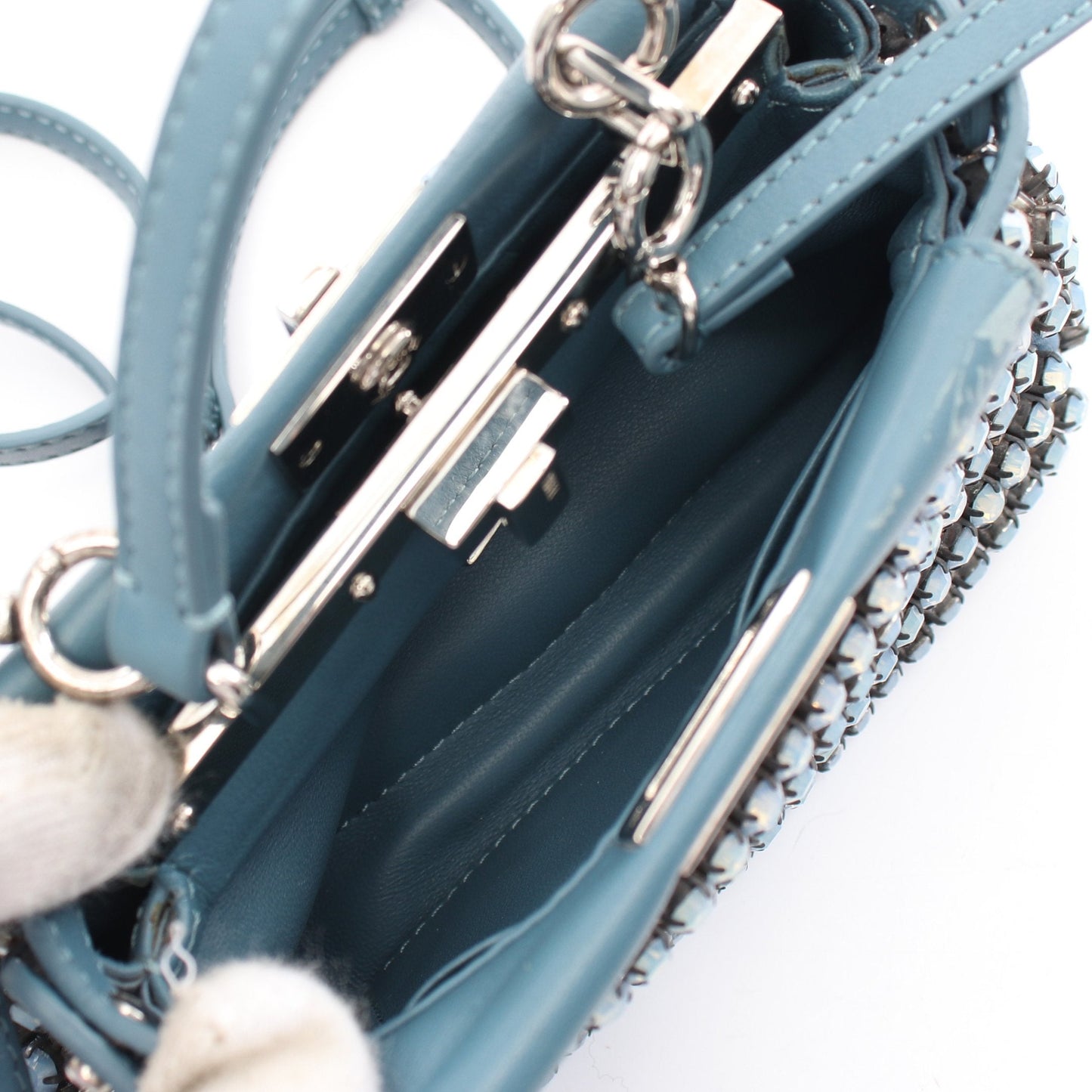 Luxury Fendi Micro peekaboo Handbag Leather Blue green Beads Rhinestone 2WAY