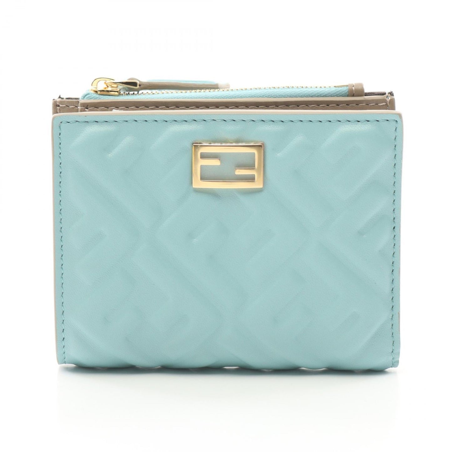Luxury Fendi Slim Baguette FF pattern Bi-fold wallet Leather Light blue Gray beige