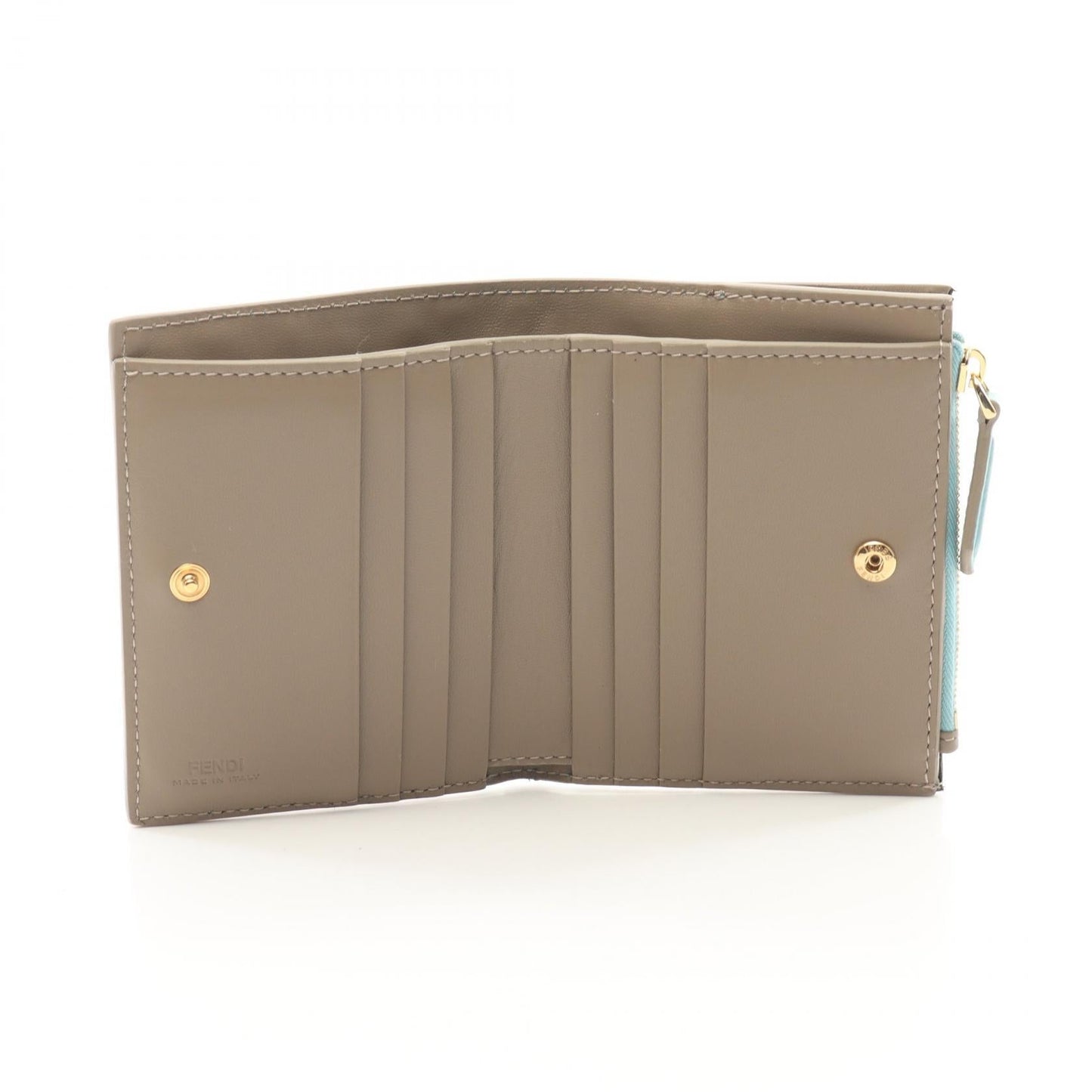 Luxury Fendi Slim Baguette FF pattern Bi-fold wallet Leather Light blue Gray beige