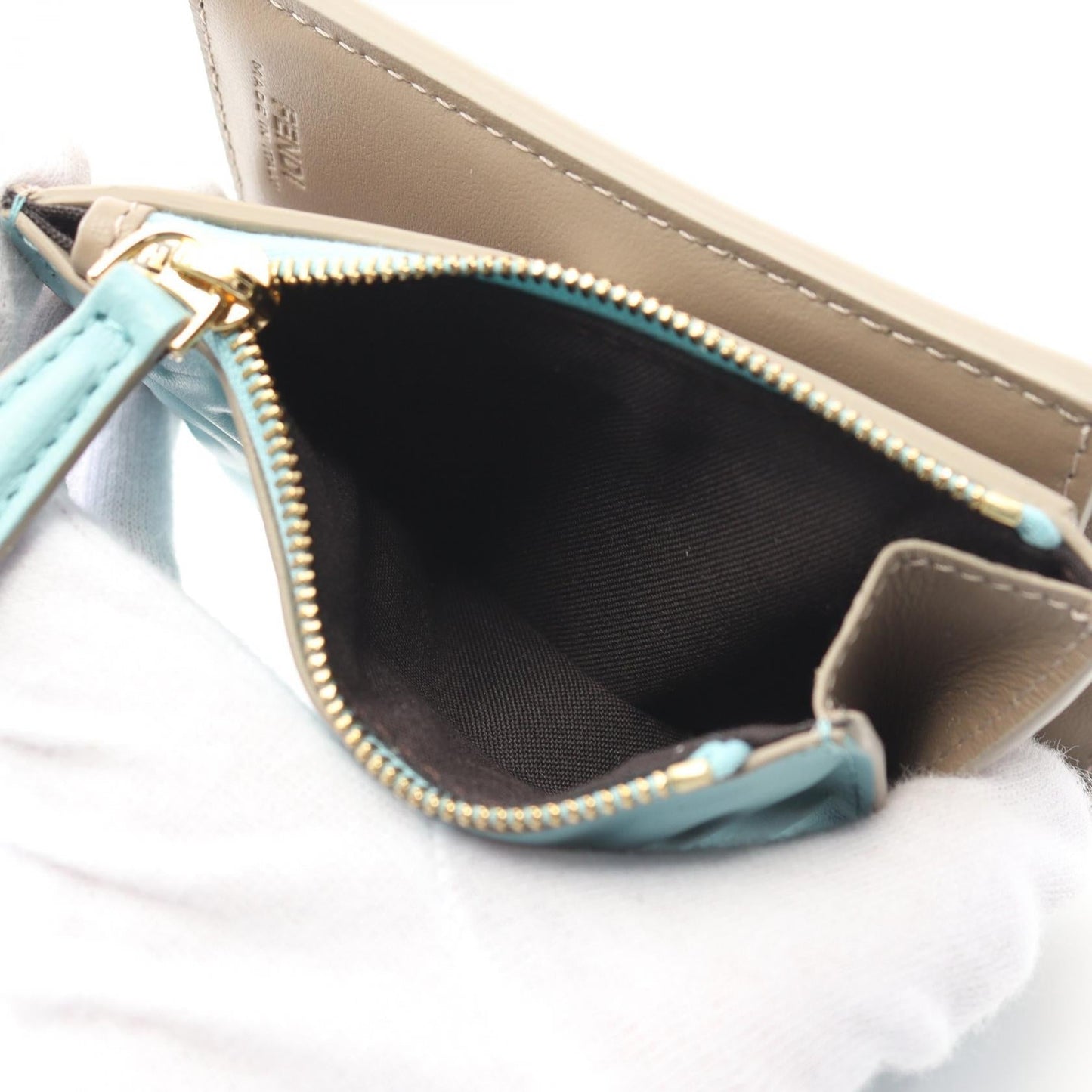 Luxury Fendi Slim Baguette FF pattern Bi-fold wallet Leather Light blue Gray beige