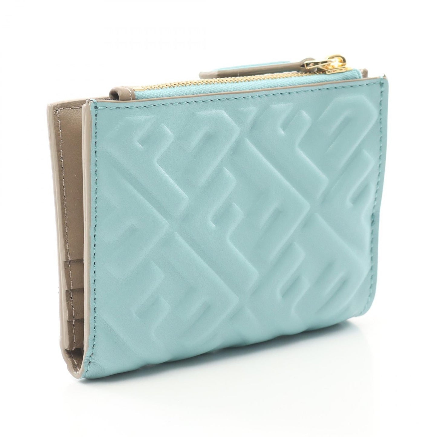 Luxury Fendi Slim Baguette FF pattern Bi-fold wallet Leather Light blue Gray beige