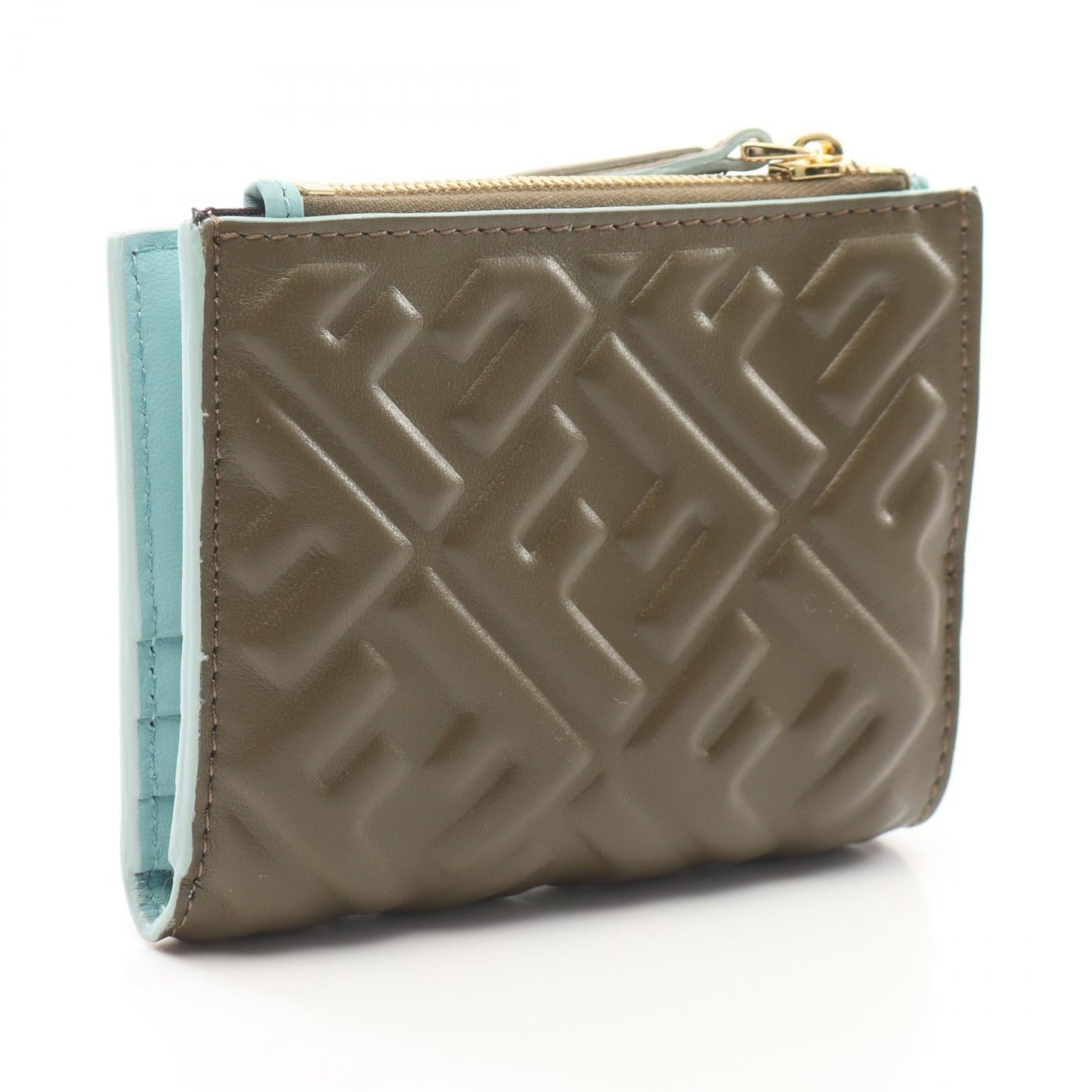 Luxury Fendi Slim Baguette FF pattern Bi-fold wallet Leather Gray brown Light blue