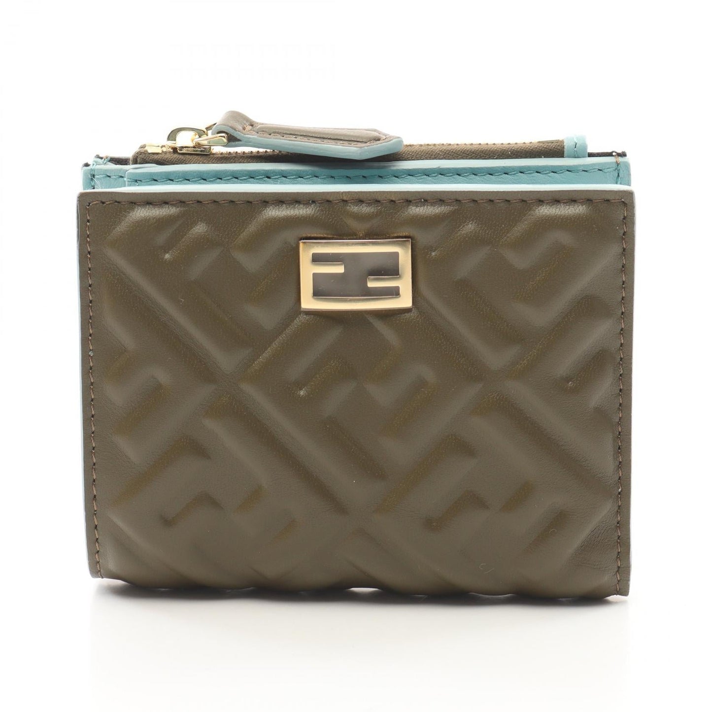 Luxury Fendi Slim Baguette FF pattern Bi-fold wallet Leather Gray brown Light blue