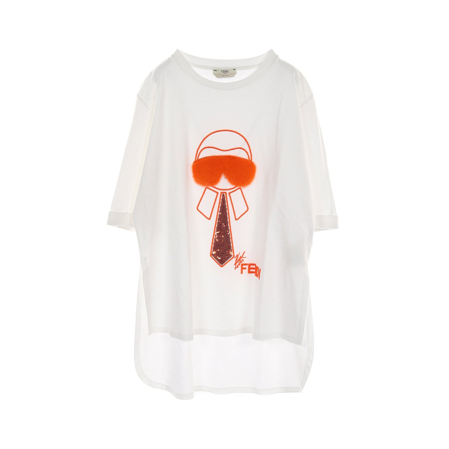 Luxury Fendi KARL LOVES Karl Lagerfeld T-shirt Short sleeve Cotton White Orange Fur Sequin