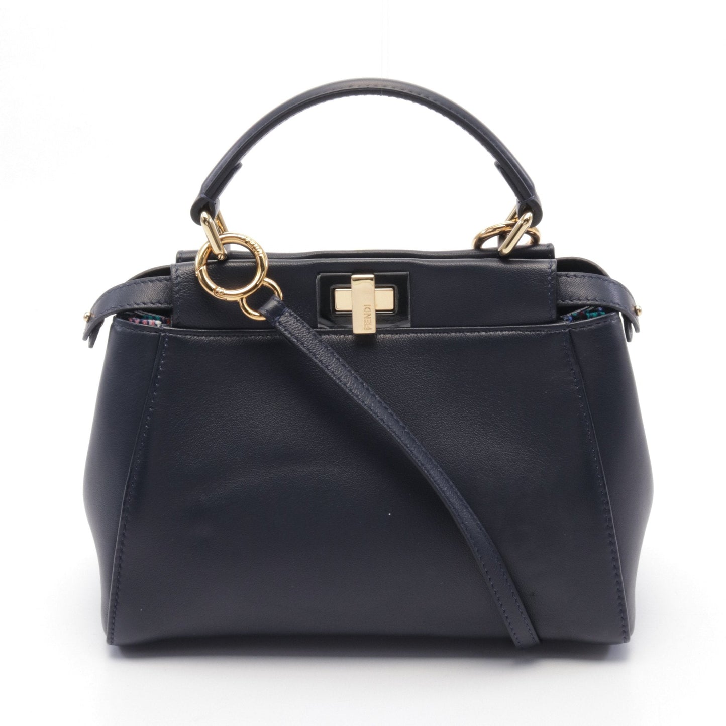 Luxury Fendi Ｍini Peekaboo Iconic Handbag Leather Navy 2WAY